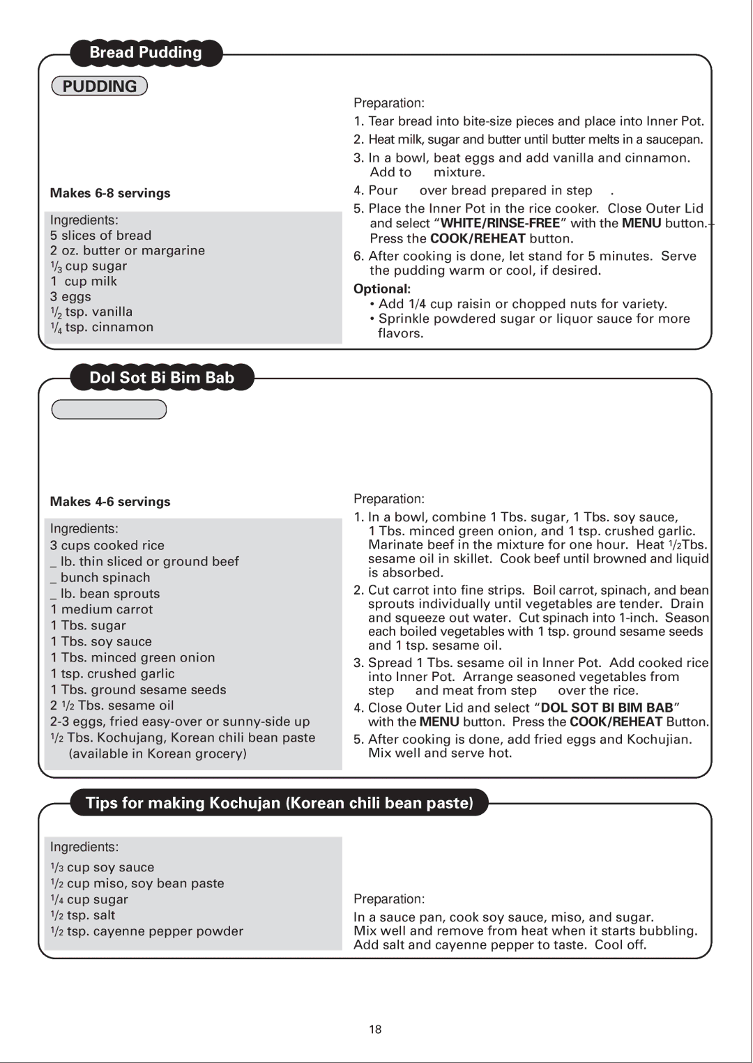 Sanyo ECJ-E35S instruction manual Makes 6-8 servings Ingredients, Optional 