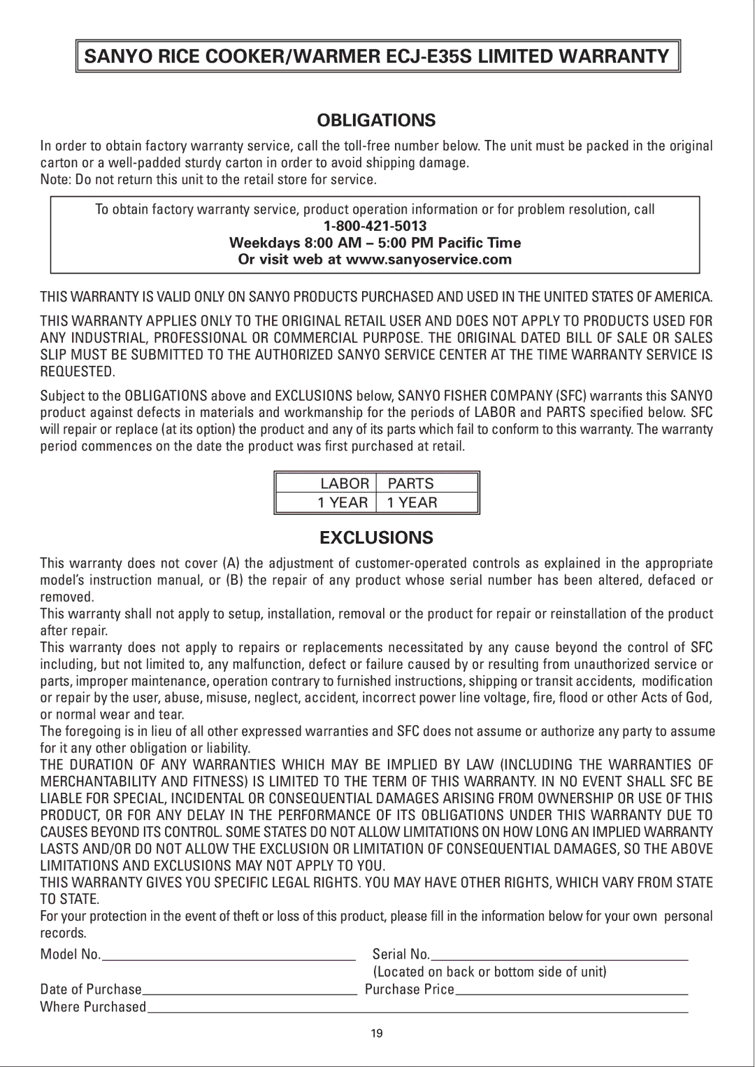 Sanyo instruction manual Sanyo Rice COOKER/WARMER ECJ-E35S Limited Warranty 