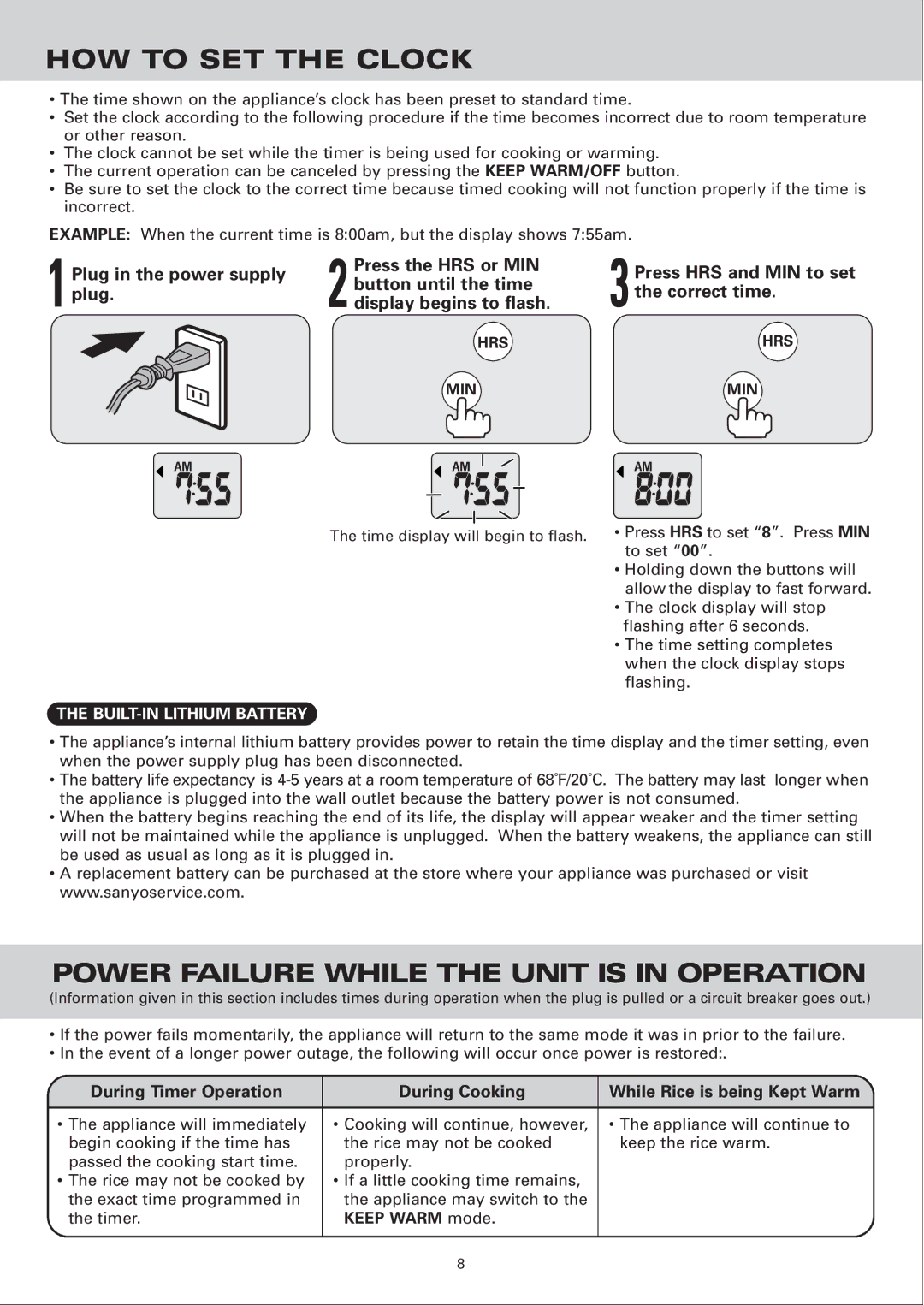 Sanyo ECJ-E35S HOW to SET the Clock, Power Failure While the Unit is in Operation, BUILT-IN Lithium Battery 