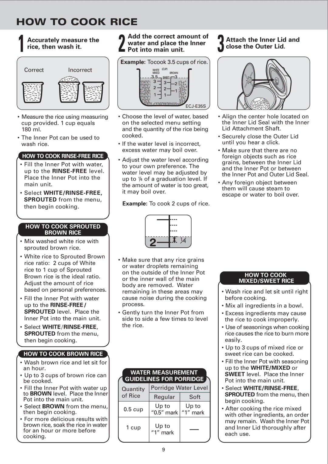 Sanyo ECJ-E35S instruction manual HOW to Cook Rice 