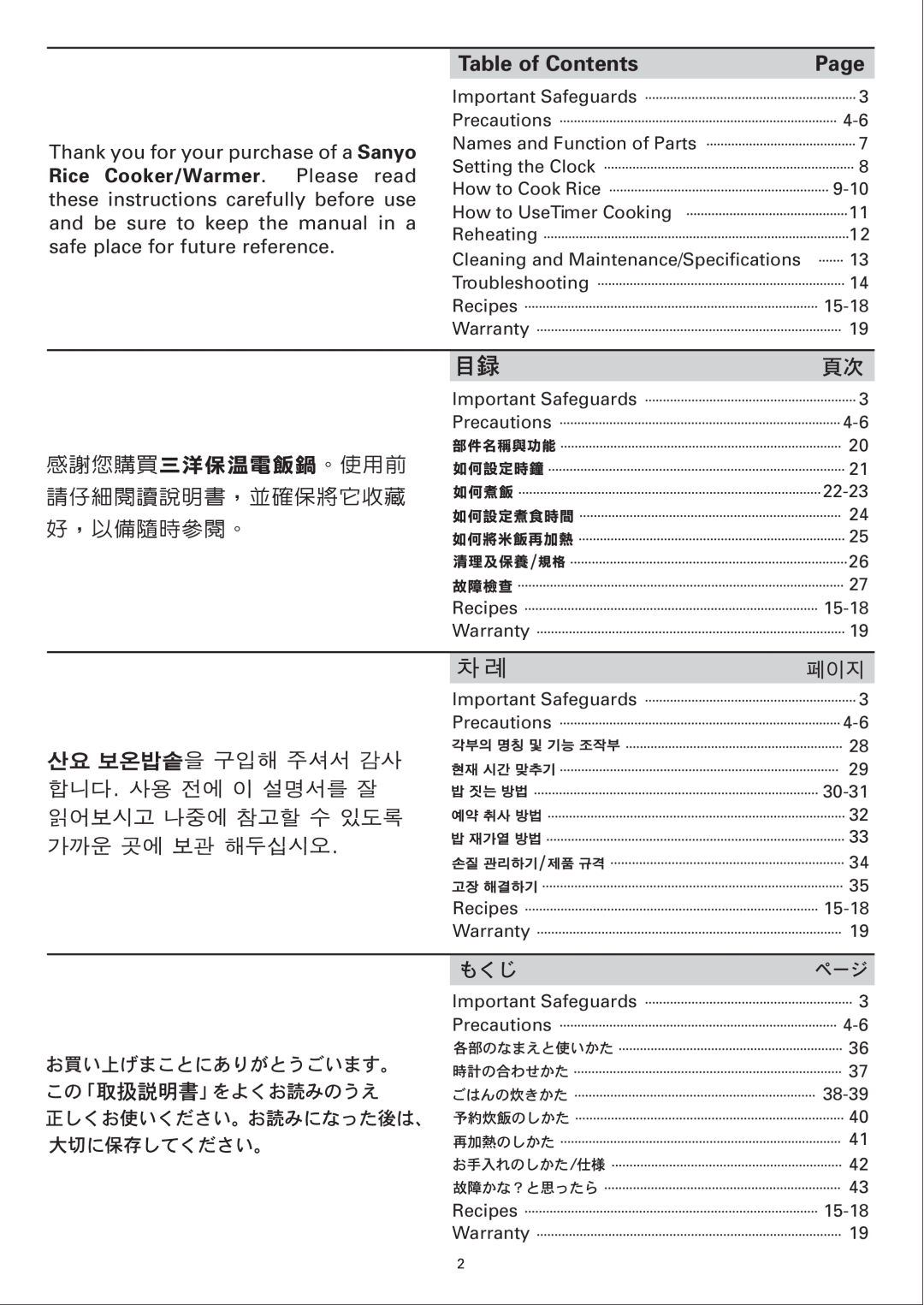 Sanyo ECJ-E35S instruction manual Table of Contents, Page 