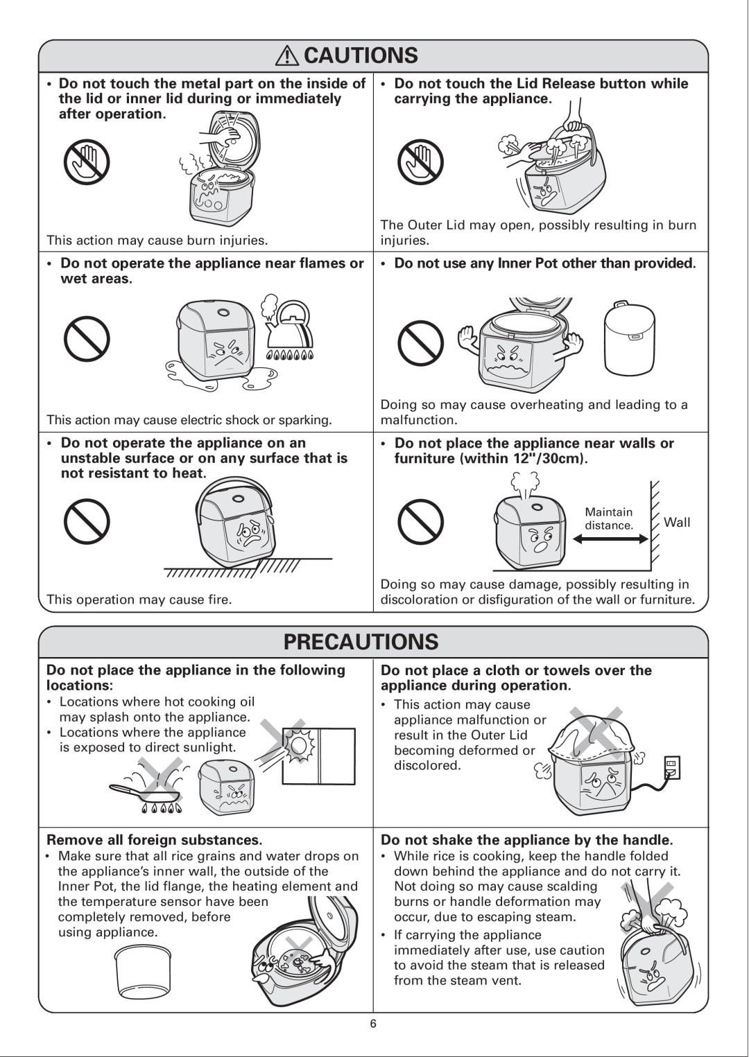 Sanyo ECJ-E35S Cautions, Precautions, Do not touch the metal part on the inside of, carrying the appliance, wet areas 