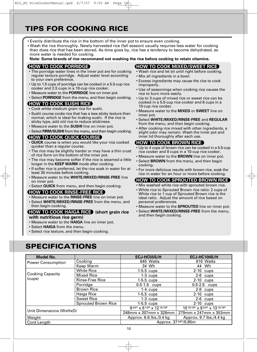 Sanyo ECJ-HC55H, ECJ-HC100H warranty Tips for Cooking Rice, Specifications, With nutritious rice germ, Model No 