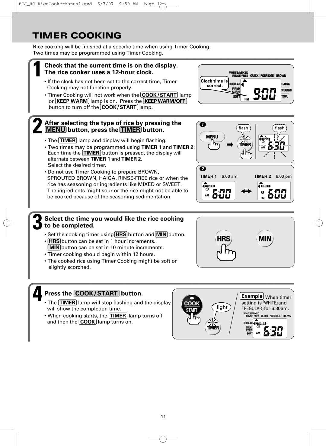 Sanyo ECJ-HC100H, ECJ-HC55H warranty Timer Cooking, Press the COOK/START button 