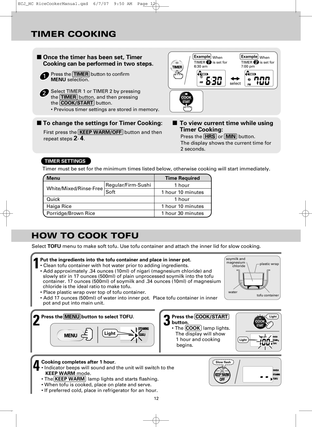 Sanyo ECJ-HC55H HOW to Cook Tofu, To change the settings for Timer Cooking, To view current time while using Timer Cooking 