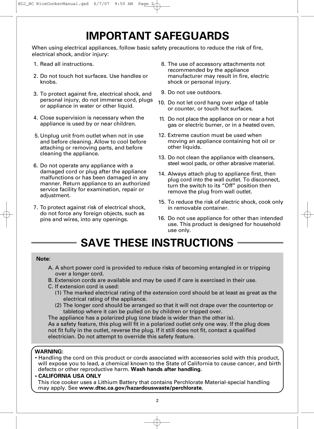 Sanyo ECJ-HC55H, ECJ-HC100H warranty Important Safeguards 