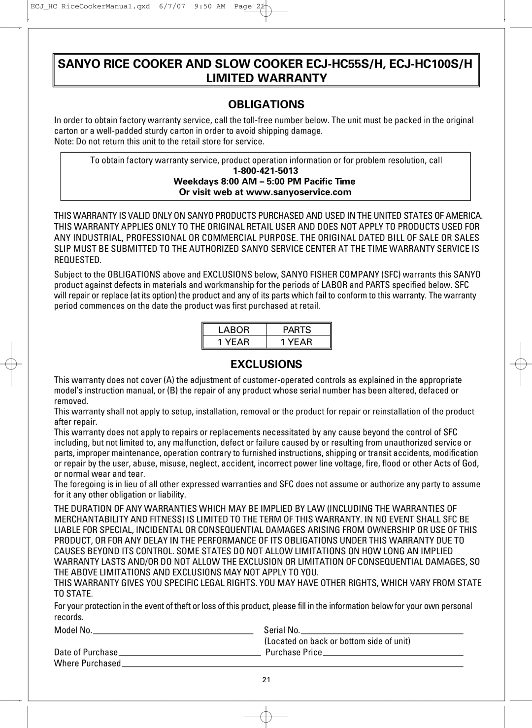 Sanyo ECJ-HC100H, ECJ-HC55H warranty Obligations 