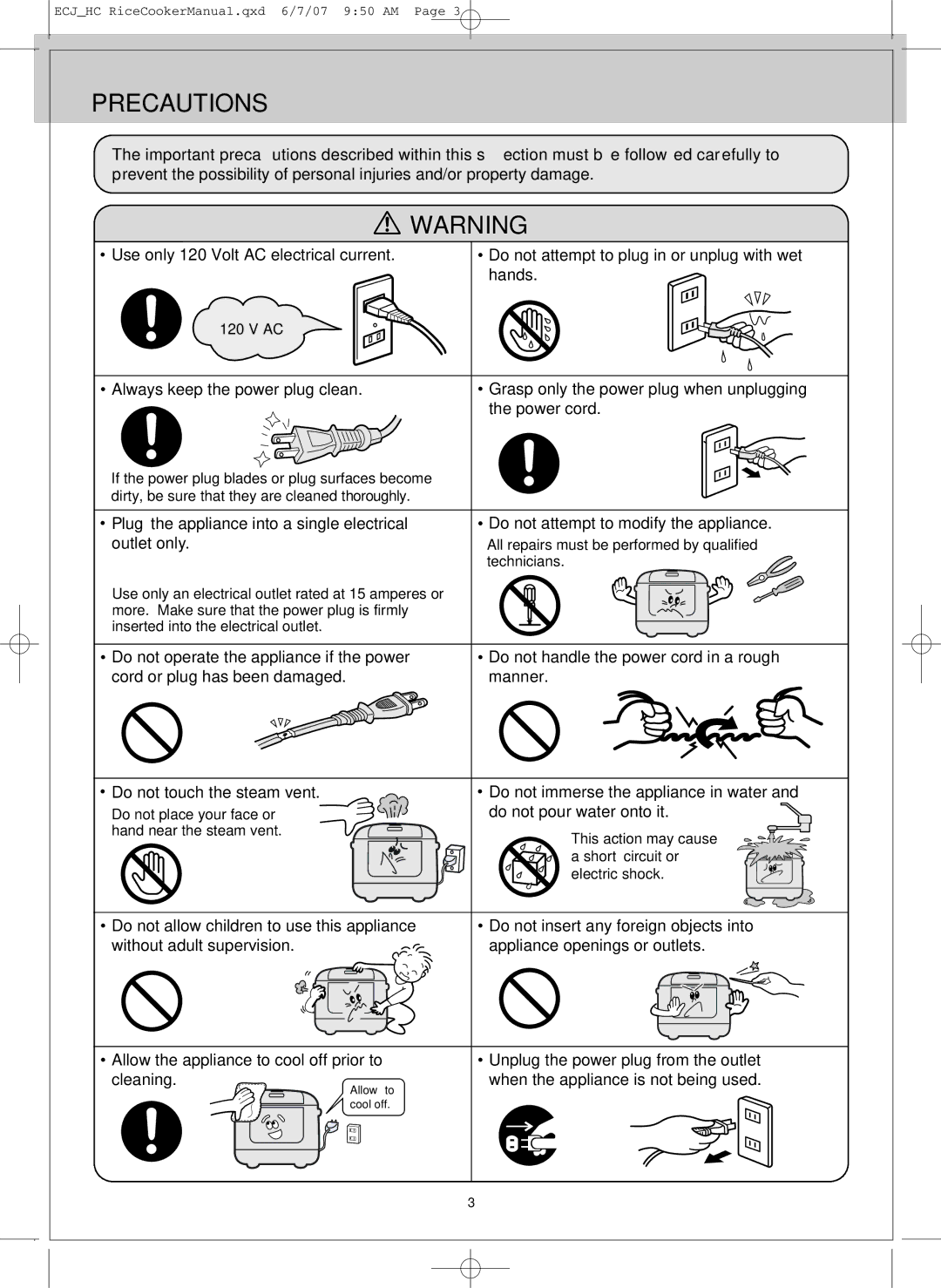 Sanyo ECJ-HC100H, ECJ-HC55H warranty Precautions, Do not pour water onto it 