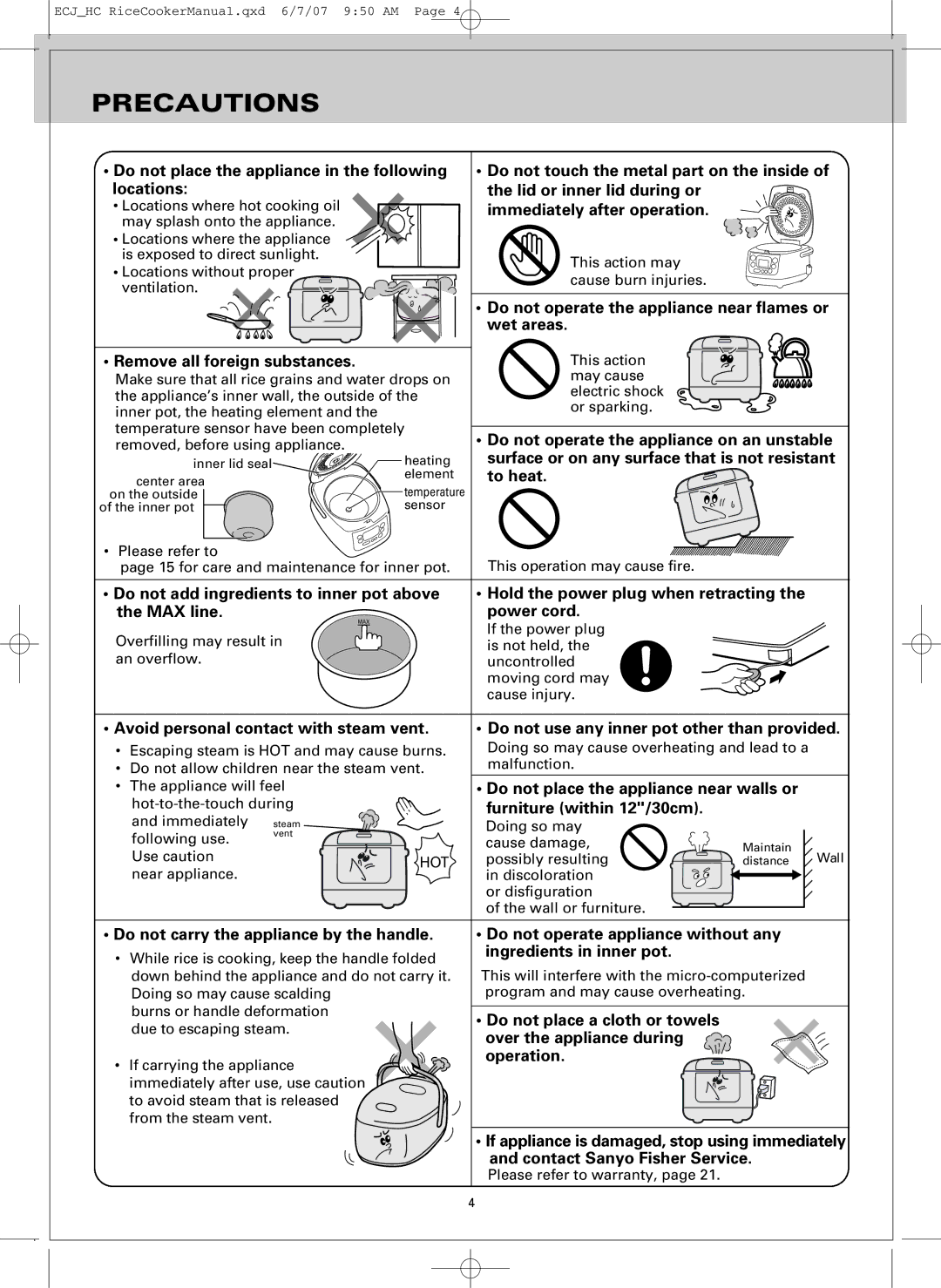 Sanyo ECJ-HC55H, ECJ-HC100H Immediately after operation, Do not operate the appliance near flames or, To heat, Operation 