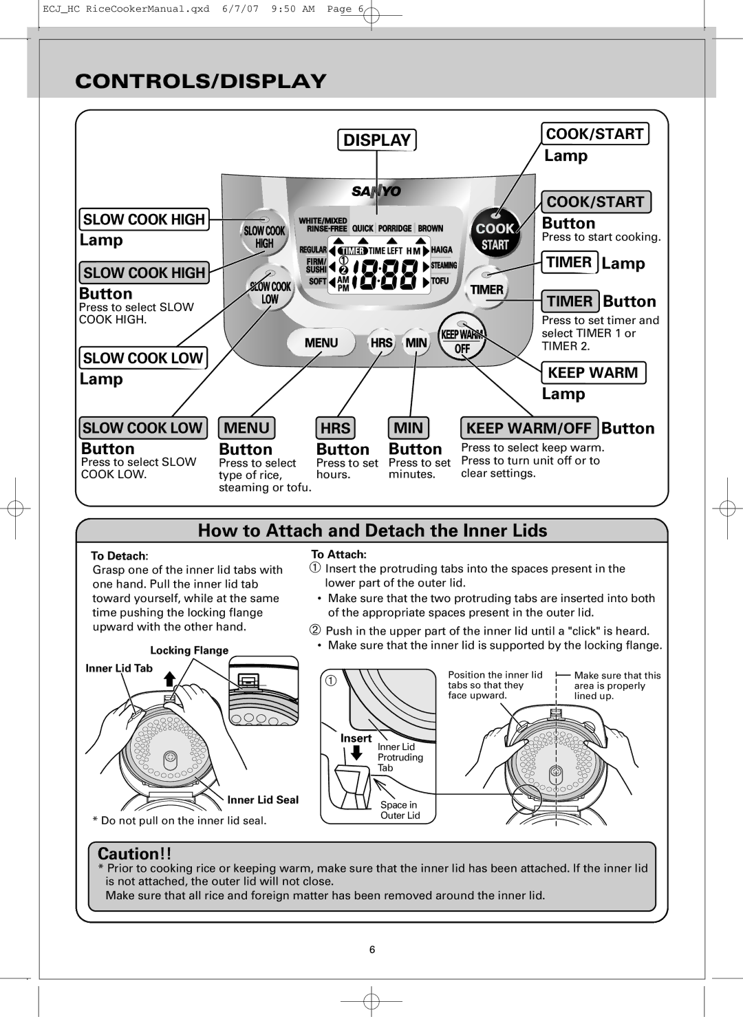 Sanyo ECJ-HC55H, ECJ-HC100H warranty Controls/Display 