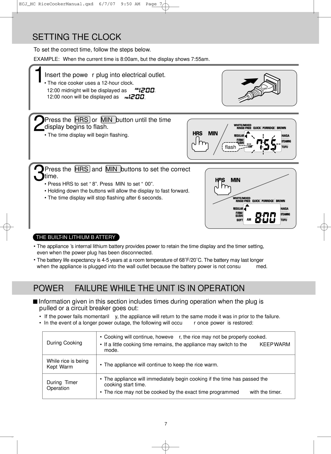 Sanyo ECJ-HC100H, ECJ-HC55H Setting the Clock, Power Failure While the Unit is in Operation, BUILT-IN Lithium Battery 