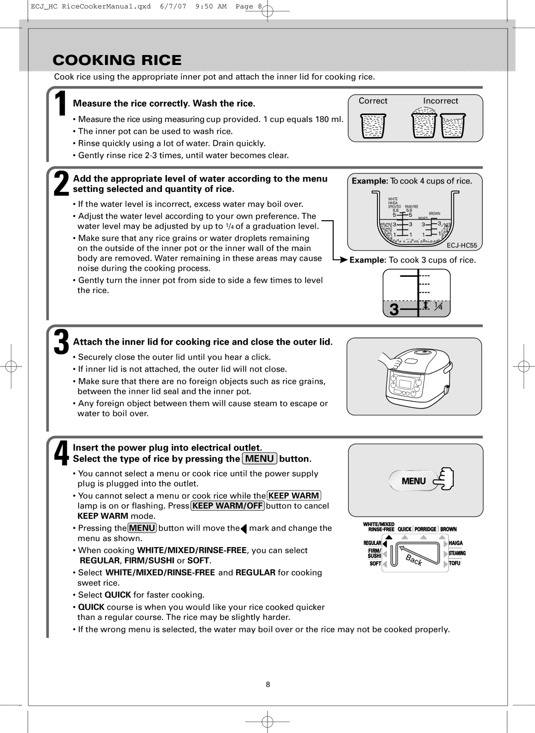 Sanyo ECJ-HC55H, ECJ-HC100H warranty Cooking Rice, Measure the rice correctly. Wash the rice 