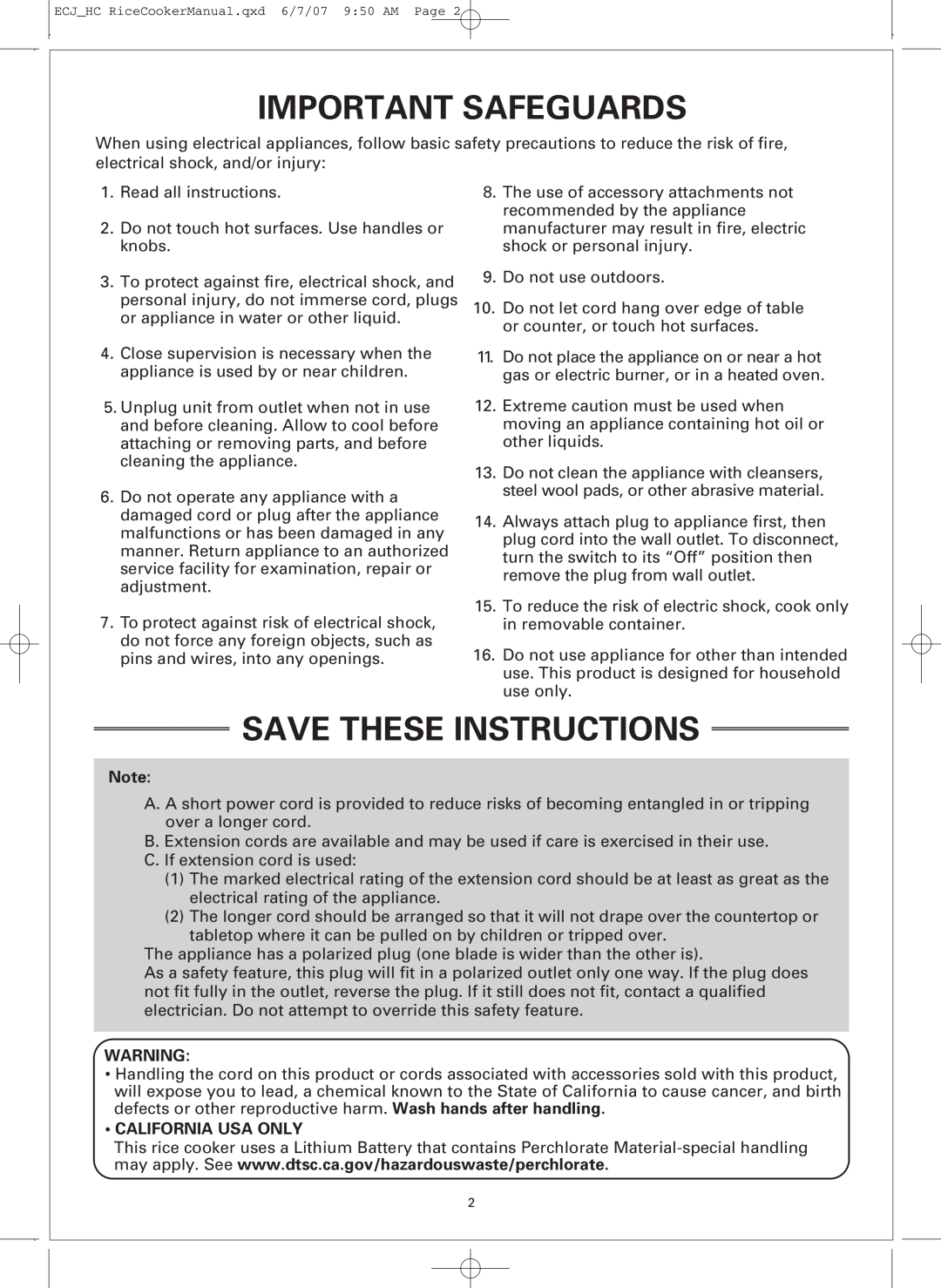 Sanyo ECJ-HC55H, ECJ-HC100H warranty Important Safeguards, Save These Instructions, California Usa Only 