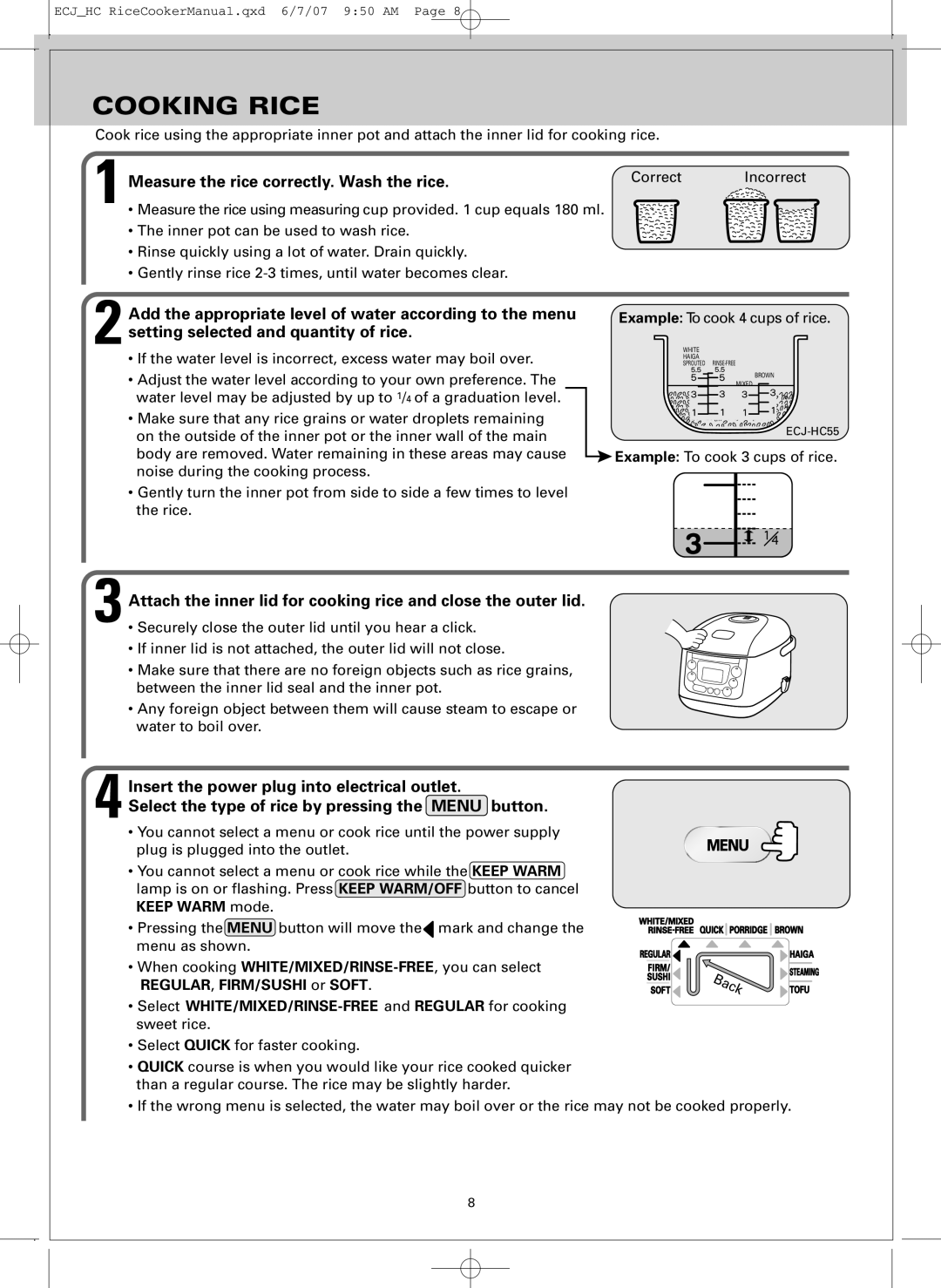 Sanyo ECJ-HC55H Cooking Rice, Measure the rice correctly. Wash the rice, Insert the power plug into electrical outlet 