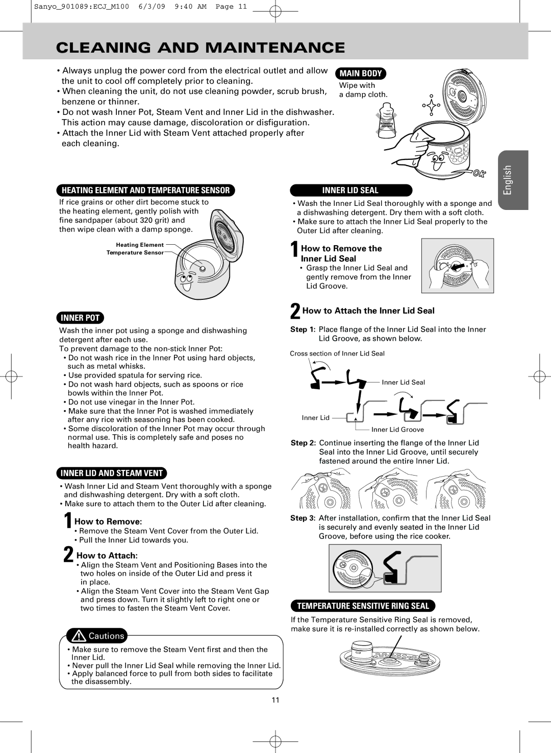 Sanyo ECJ-M100S manual Cleaning and Maintenance 