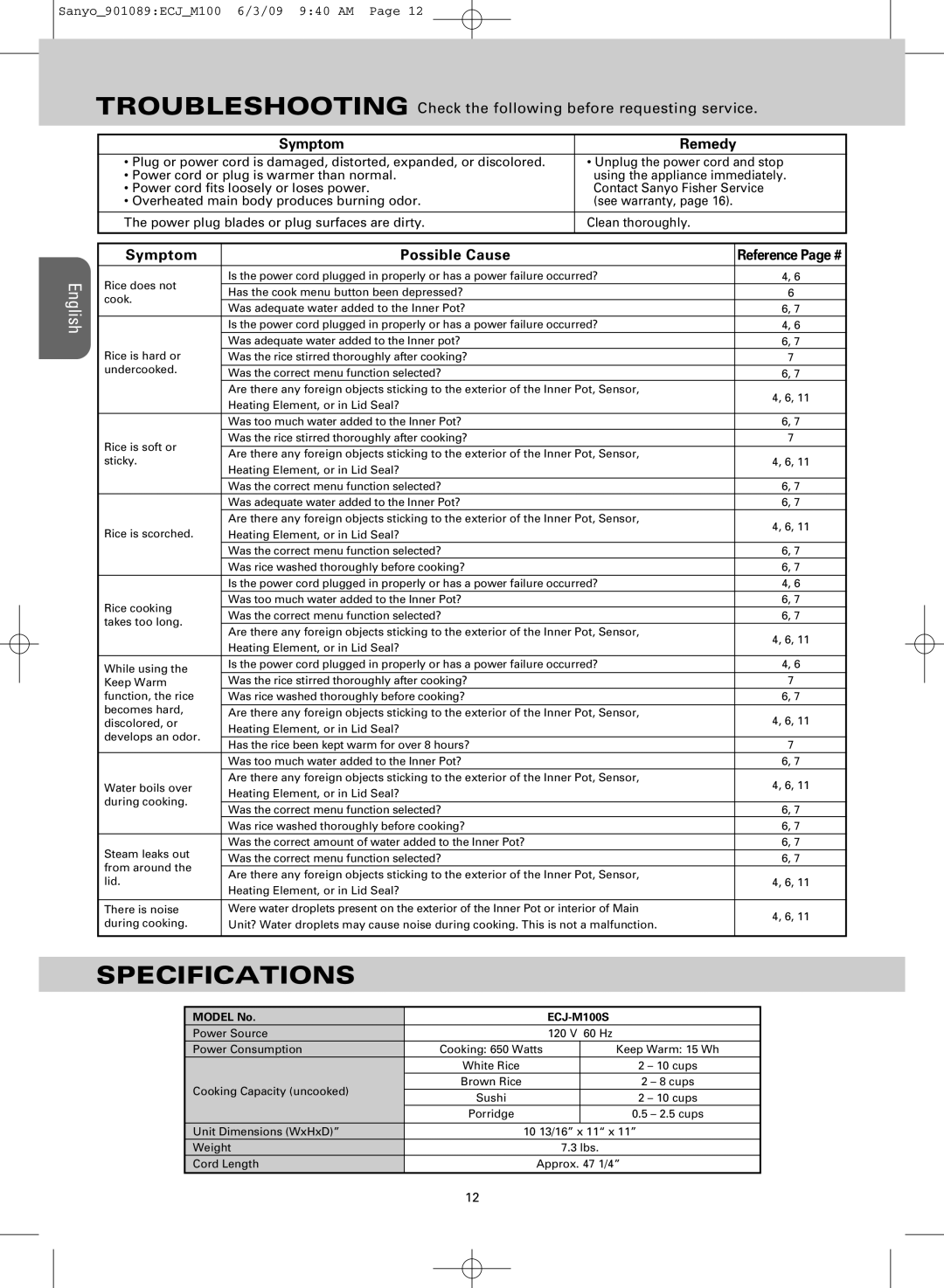 Sanyo ECJ-M100S manual Specifications, Symptom Remedy, Symptom Possible Cause 