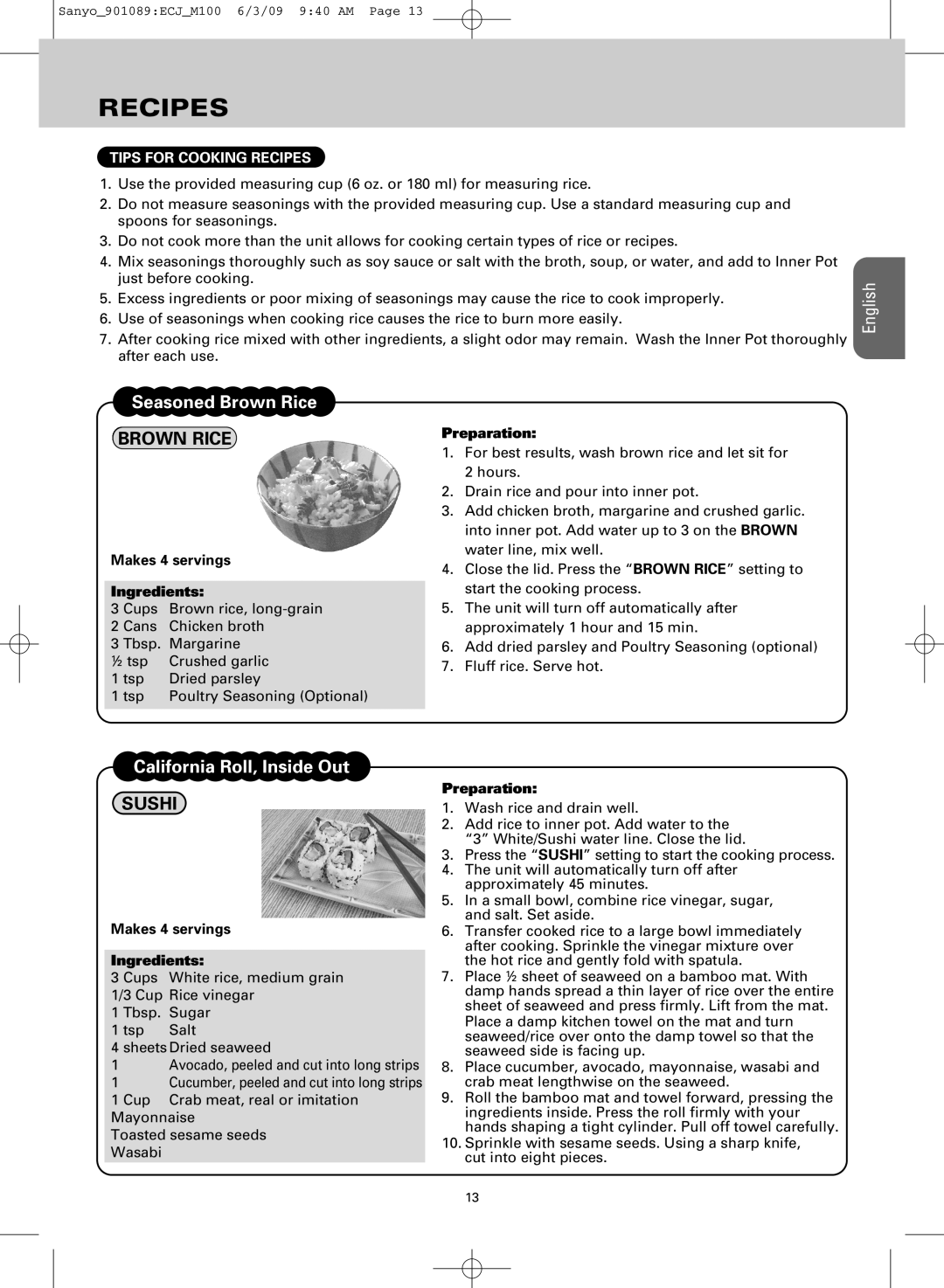 Sanyo ECJ-M100S manual Brown Rice, Sushi, Tips for Cooking Recipes 