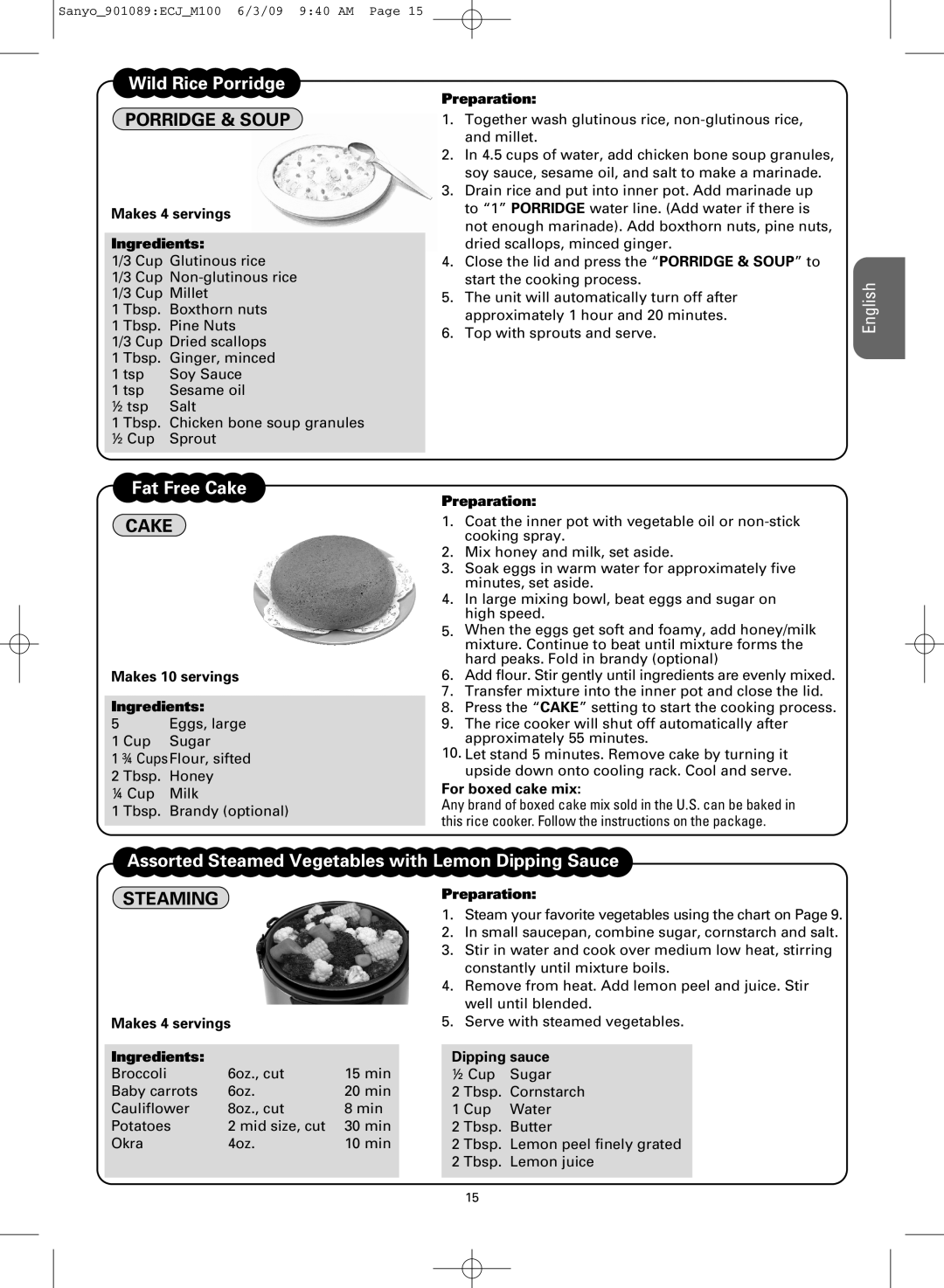 Sanyo ECJ-M100S manual Cake, Steaming 