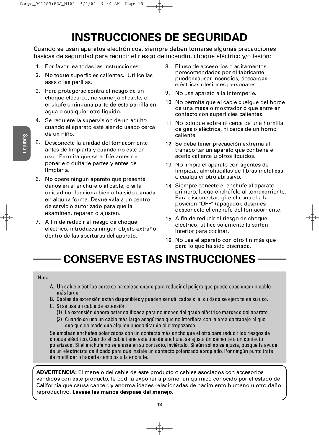 Sanyo ECJ-M100S manual Instrucciones DE Seguridad 