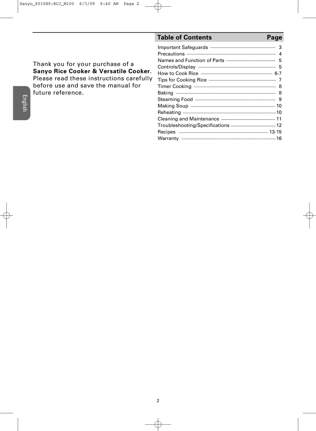 Sanyo ECJ-M100S manual Table of Contents 