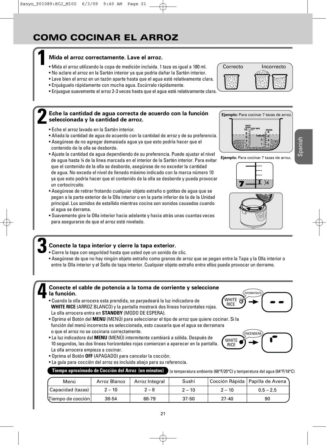 Sanyo ECJ-M100S manual Como Cocinar EL Arroz, Mida el arroz correctamente. Lave el arroz 