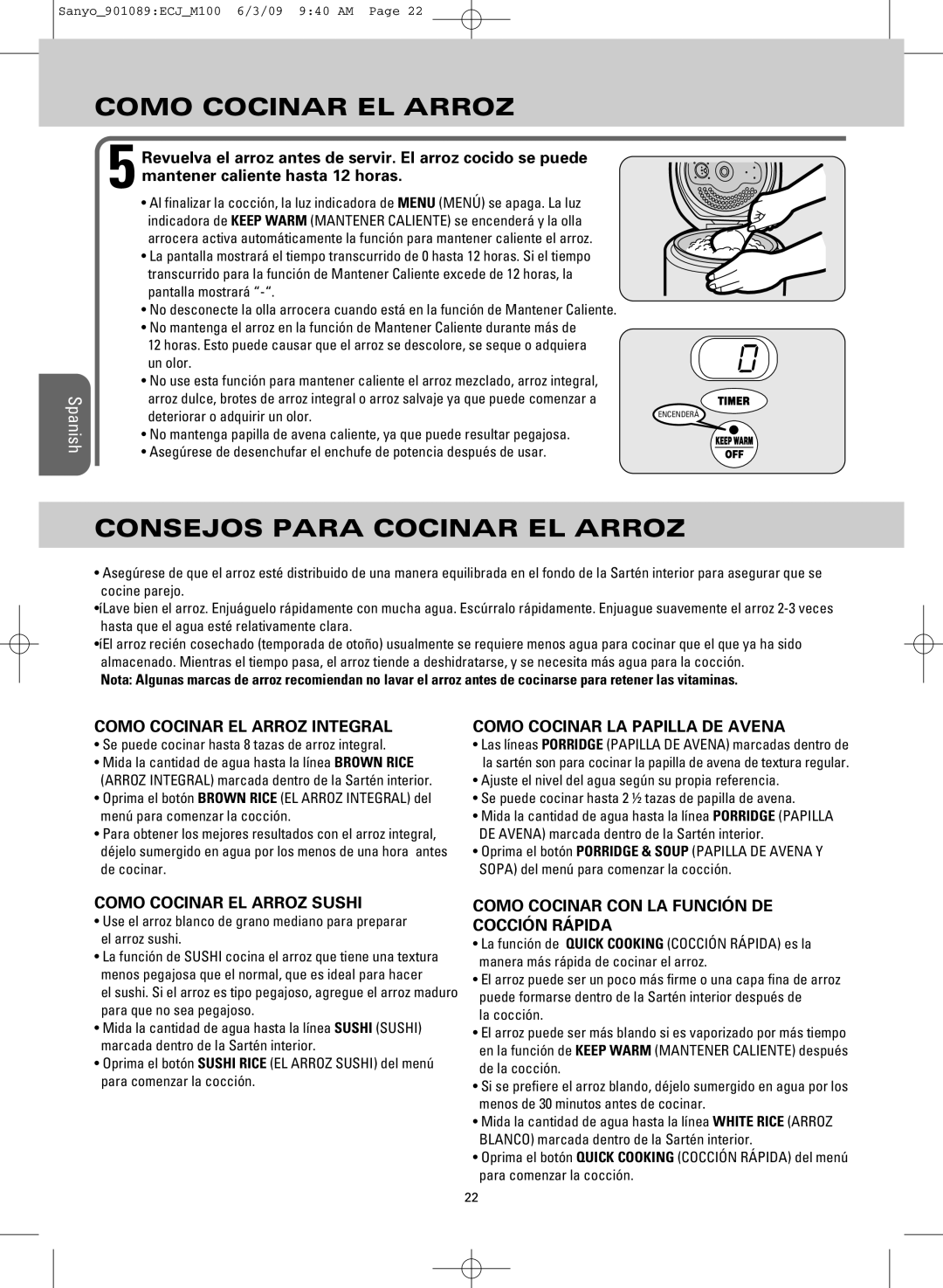 Sanyo ECJ-M100S manual Consejos Para Cocinar EL Arroz, Como Cocinar EL Arroz Integral 