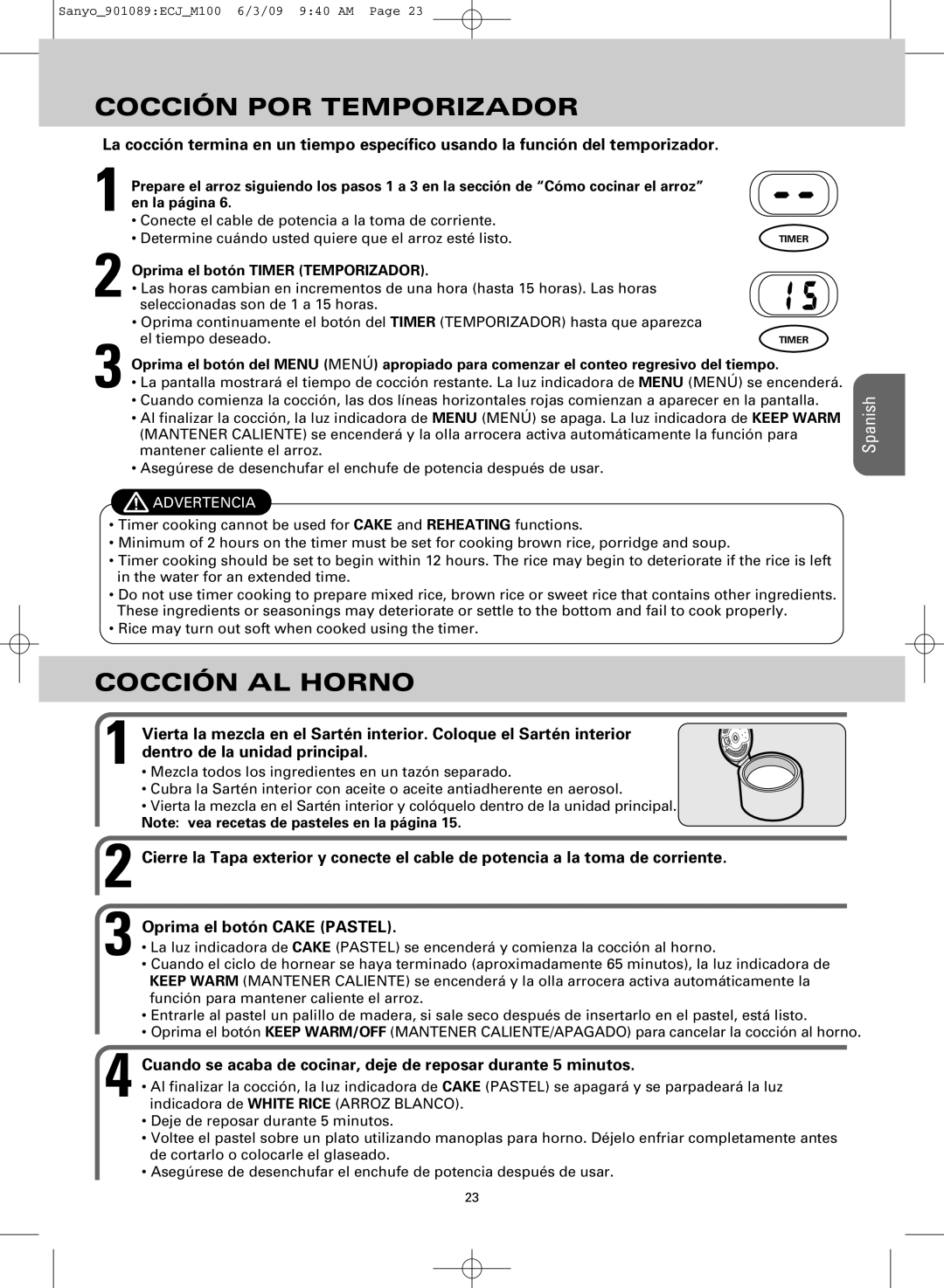 Sanyo ECJ-M100S manual Cocción POR Temporizador, Cocción AL Horno, Oprima el botón Timer Temporizador 