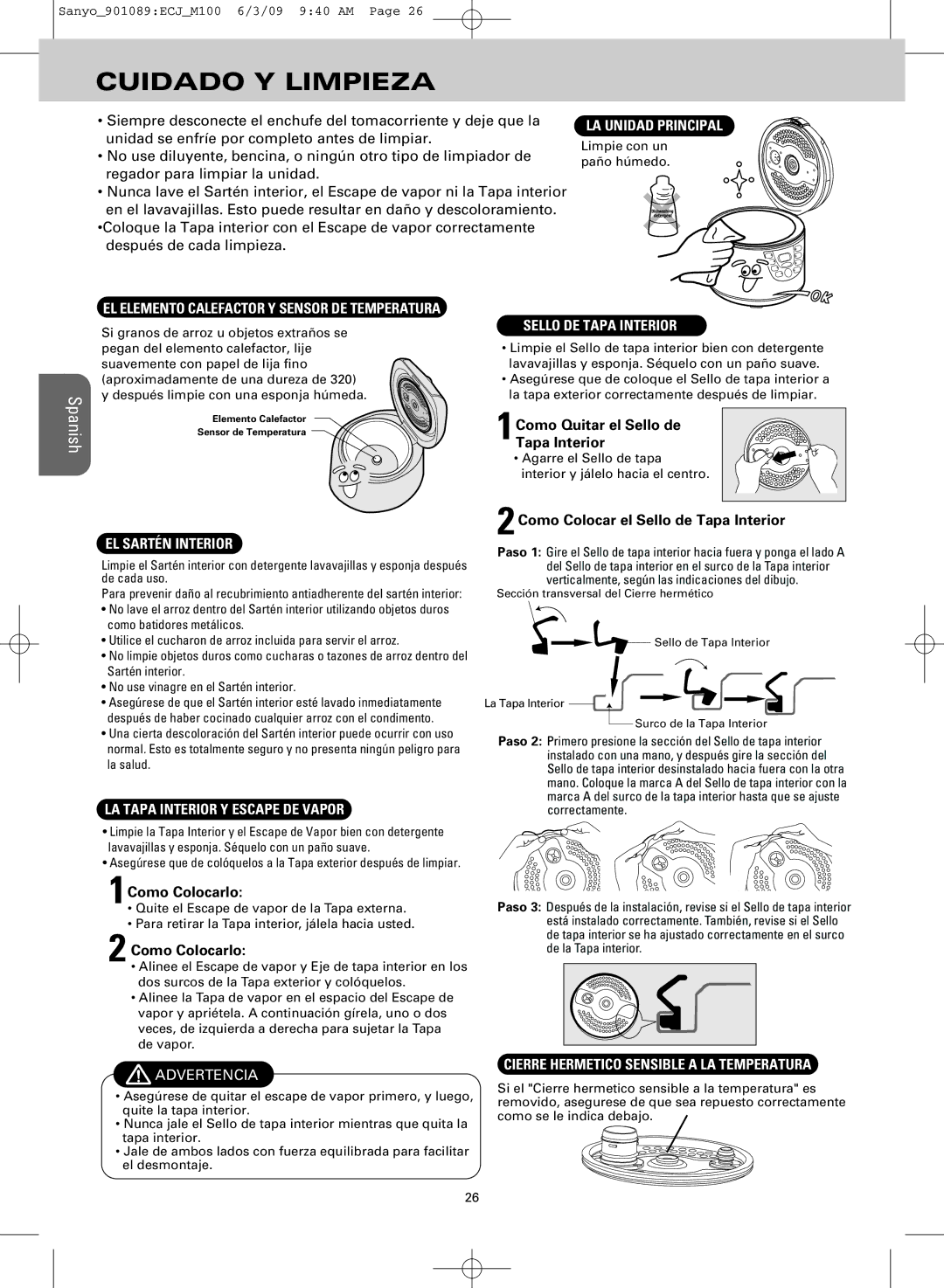 Sanyo ECJ-M100S manual Cuidado Y Limpieza 