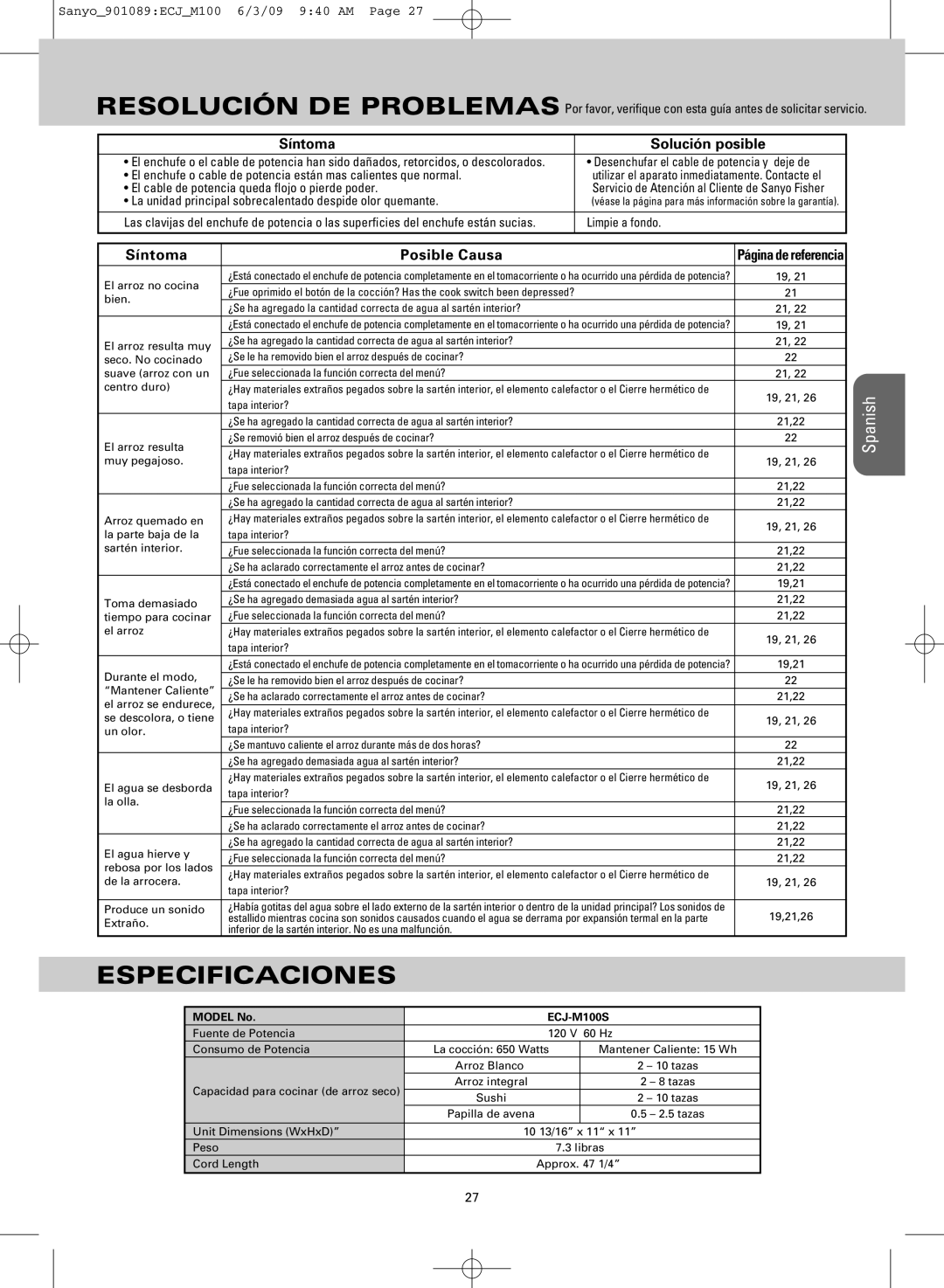 Sanyo ECJ-M100S manual Especificaciones, Síntoma Solución posible, Síntoma Posible Causa 