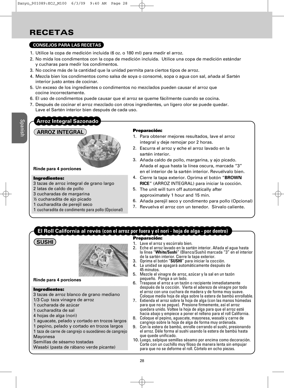 Sanyo ECJ-M100S manual Arroz Integral, Consejos Para LAS Recetas, Rinde para 4 porciones Ingredientes, Preparación 