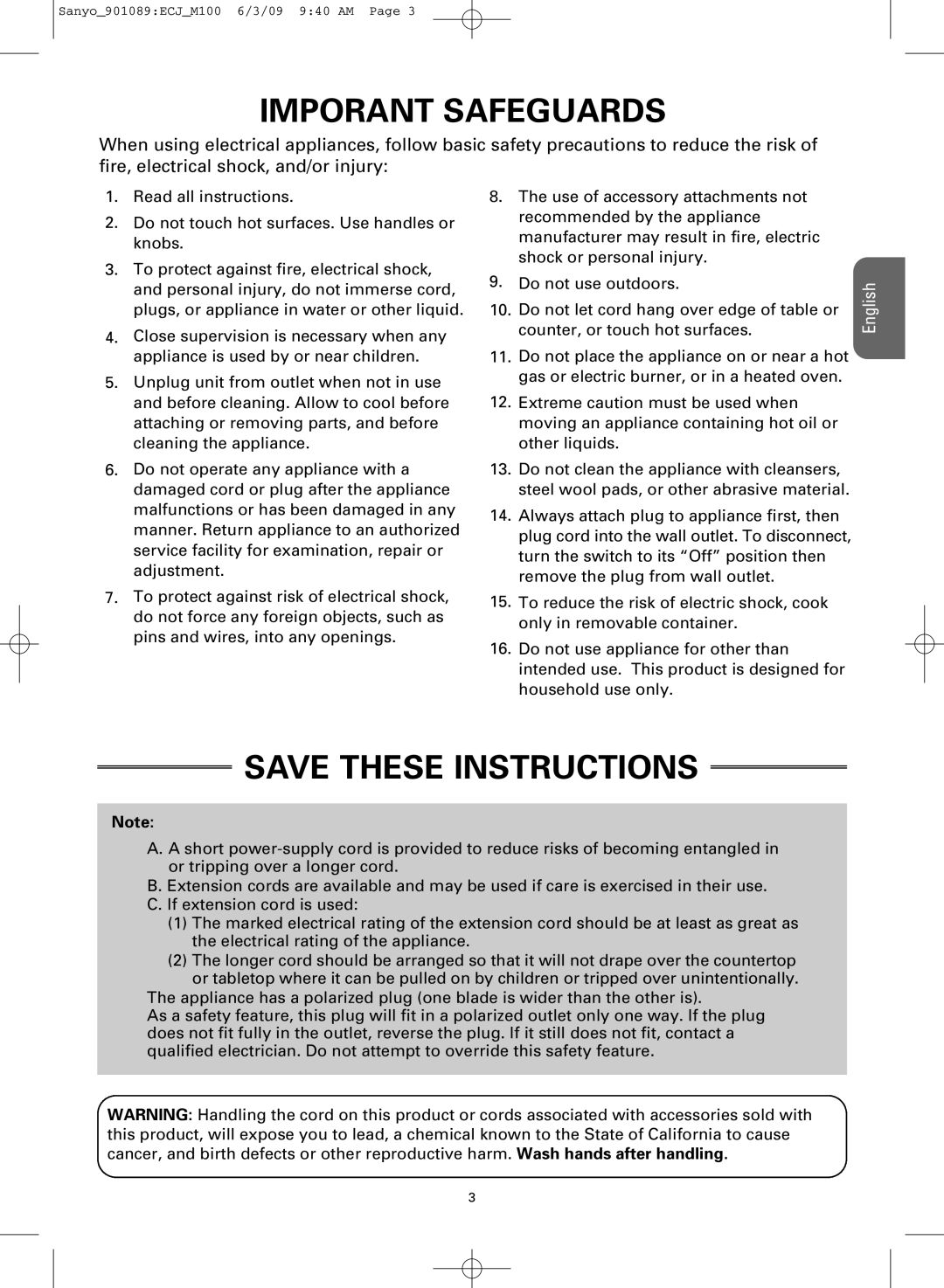 Sanyo ECJ-M100S manual Imporant Safeguards 