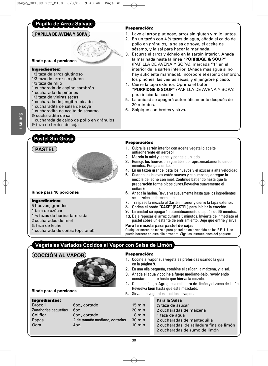 Sanyo ECJ-M100S manual Pastel, Cocción AL Vapor 