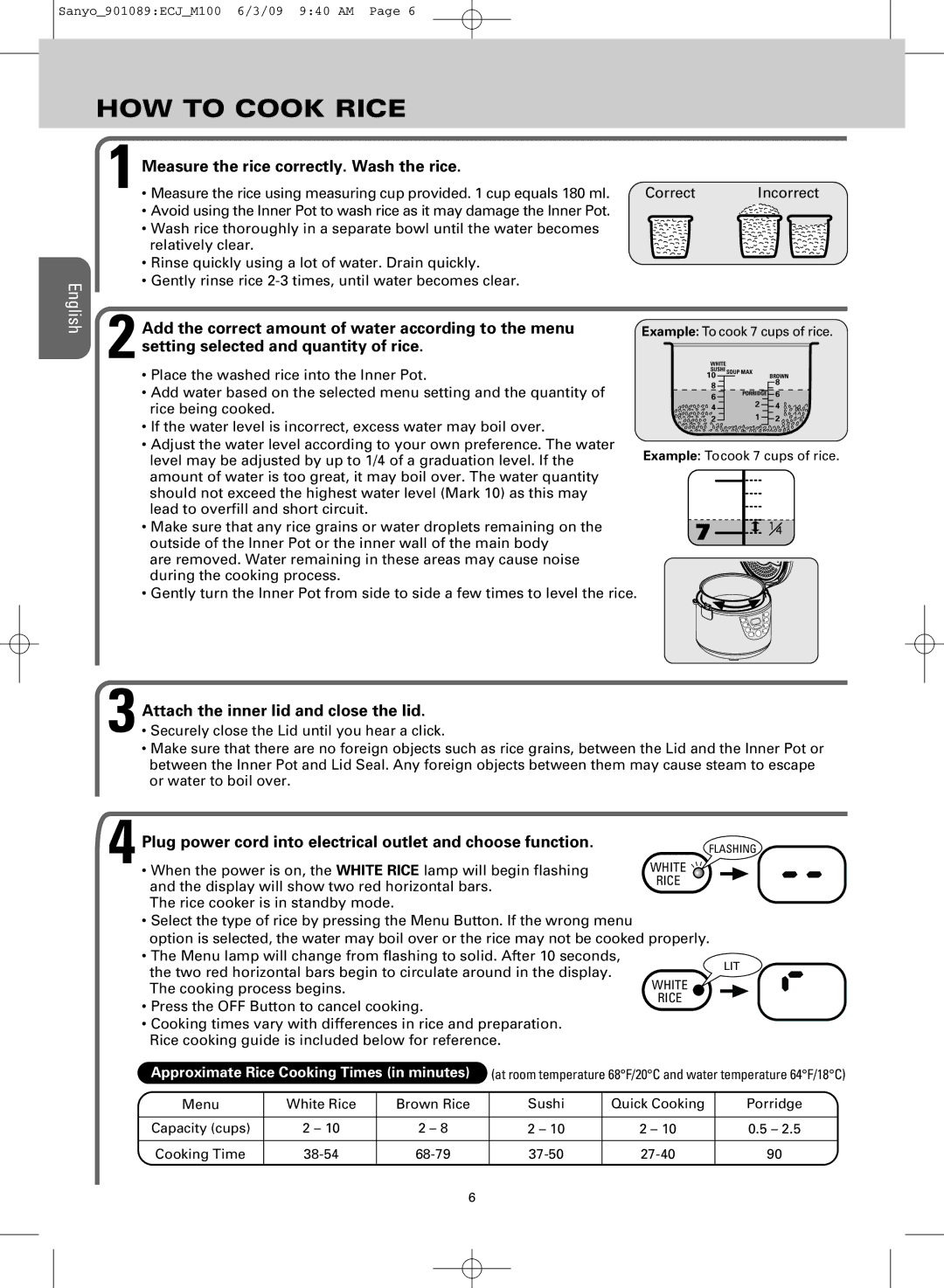 Sanyo ECJ-M100S manual HOW to Cook Rice 