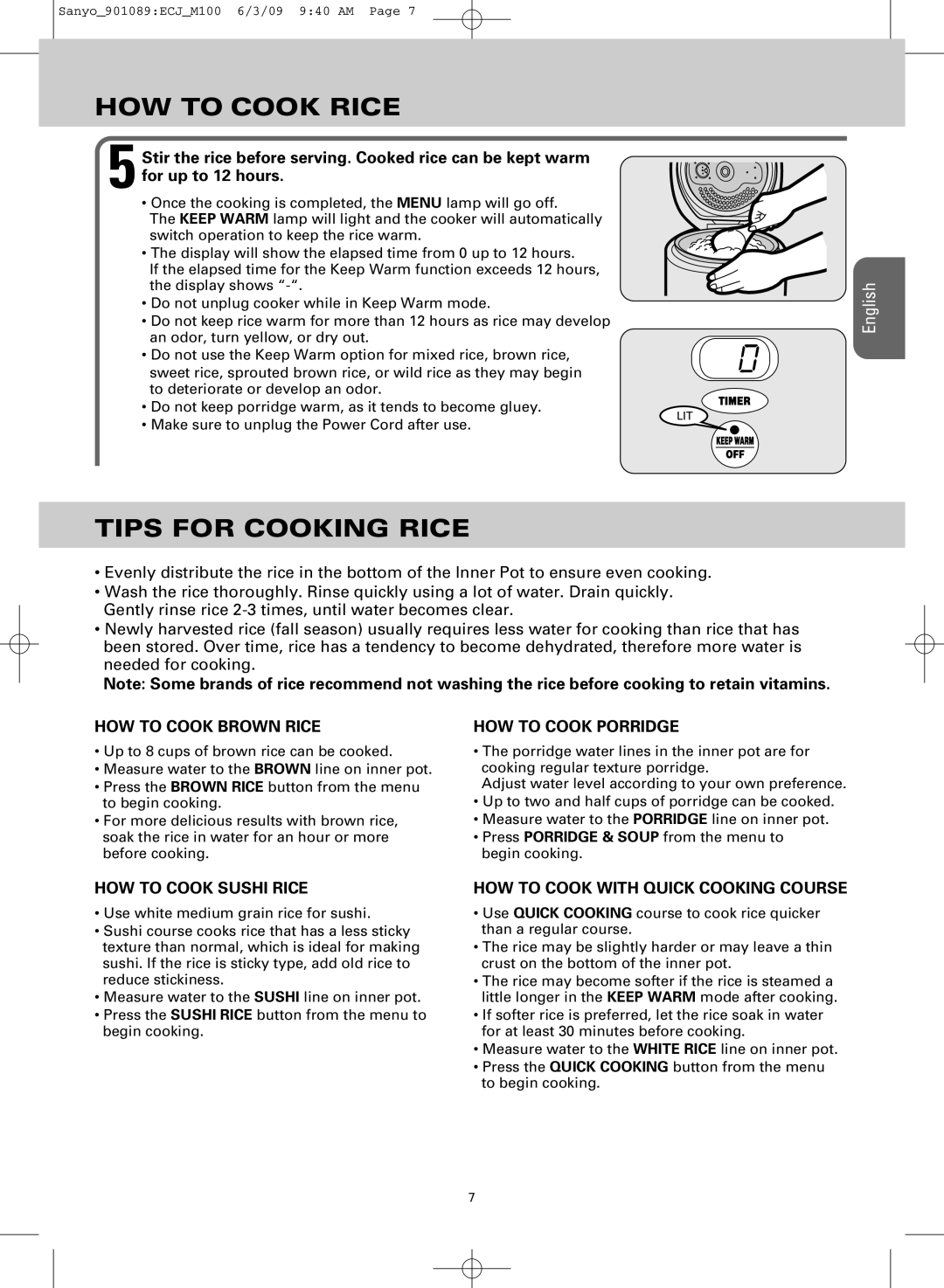 Sanyo ECJ-M100S manual Tips for Cooking Rice, HOW to Cook Brown Rice 