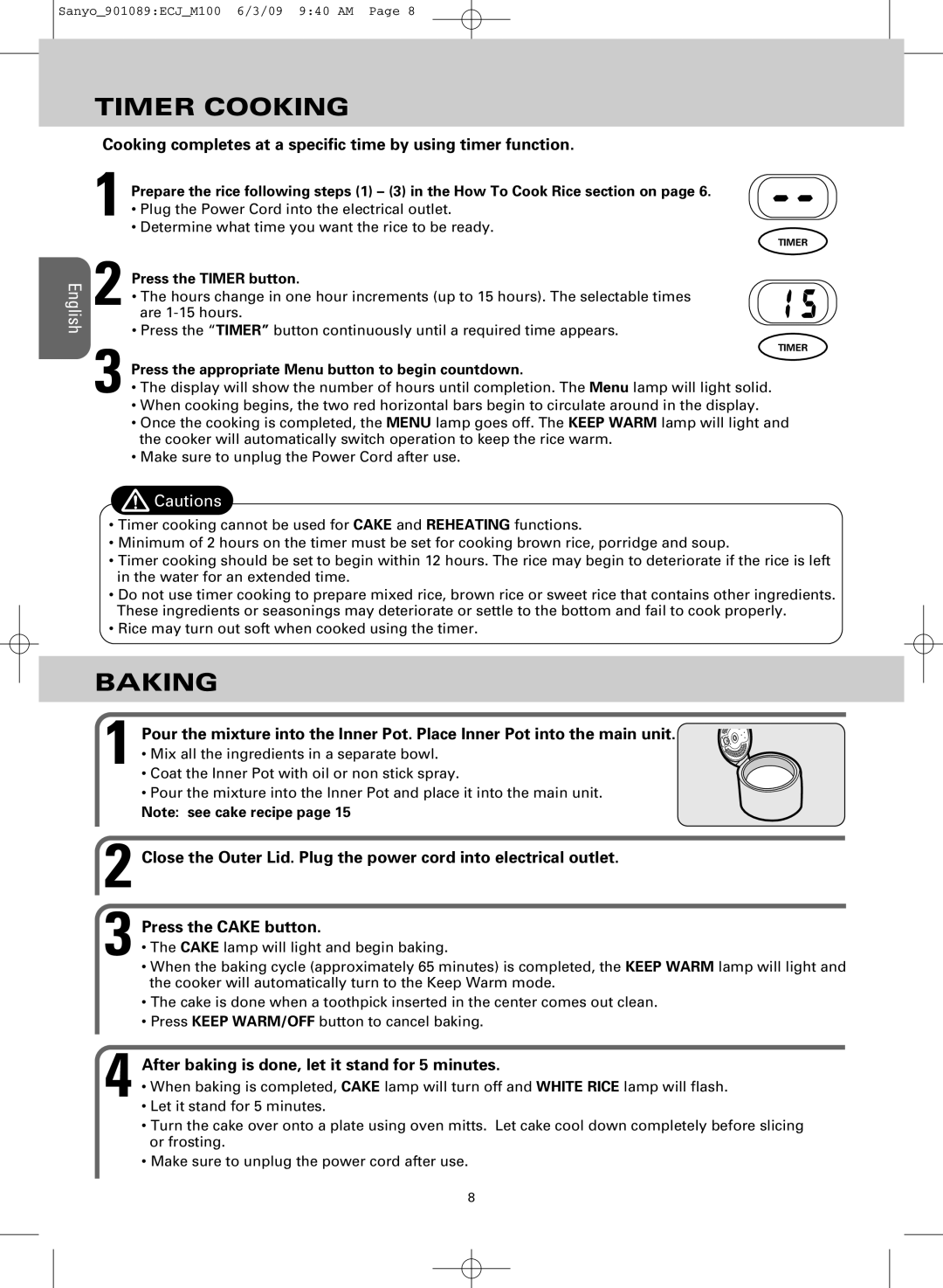 Sanyo ECJ-M100S manual Timer Cooking, Baking, Press the Timer button, Press the appropriate Menu button to begin countdown 