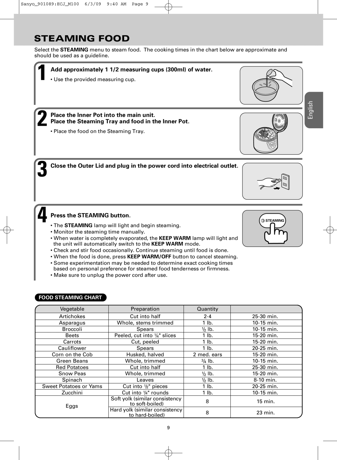 Sanyo ECJ-M100S manual Steaming Food, Add approximately 1 1/2 measuring cups 300ml of water, Food Steaming Chart 