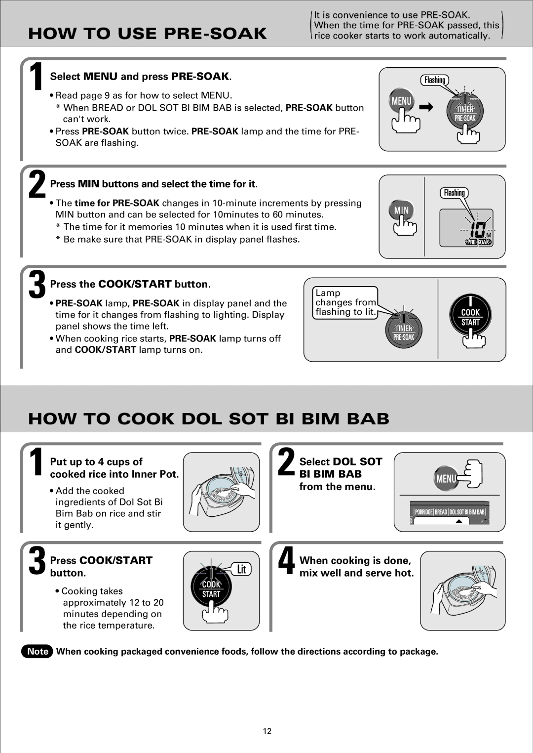 Sanyo ECJ-S35K, ECJ-S35S HOW to USE PRE-SOAK, HOW to Cook DOL SOT BI BIM BAB, Select Menu and press PRE-SOAK 