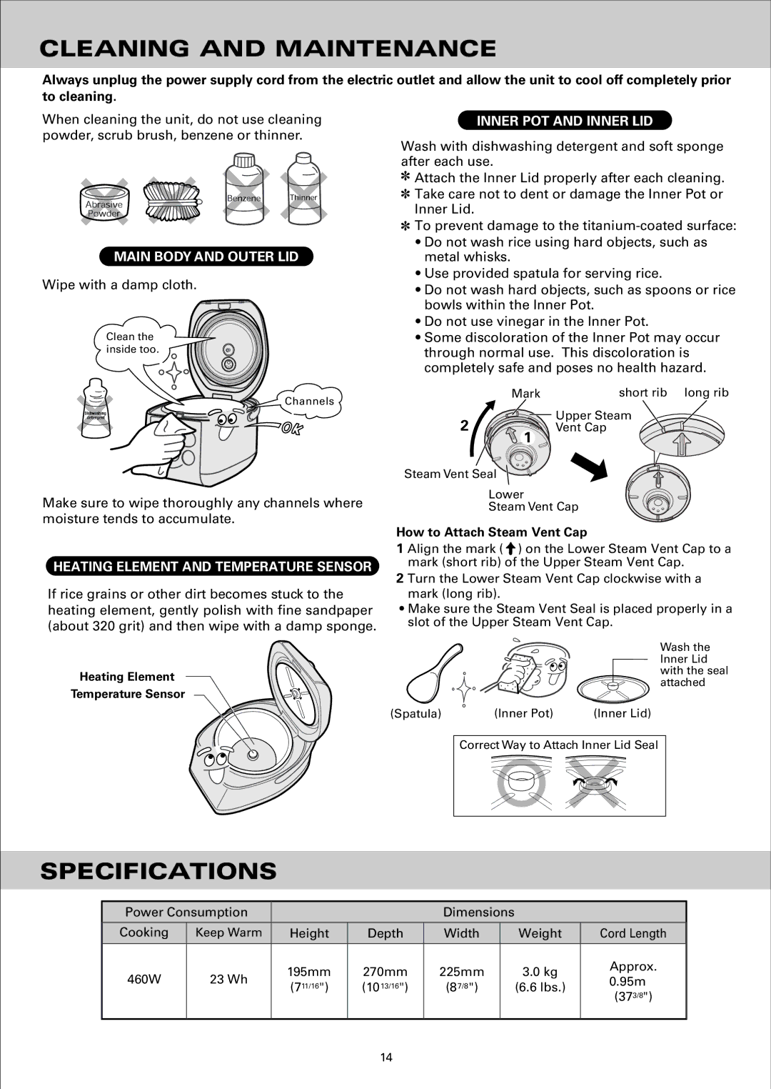 Sanyo ECJ-S35K Cleaning and Maintenance, Specifications, Main Body and Outer LID, Heating Element and Temperature Sensor 