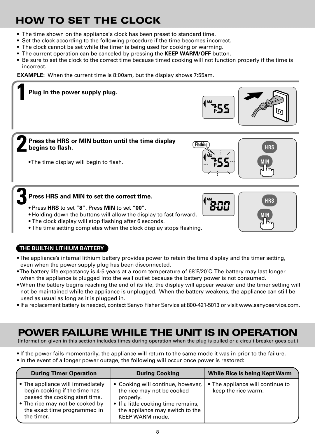 Sanyo ECJ-S35K, ECJ-S35S HOW to SET the Clock, Power Failure While the Unit is in Operation, BUILT-IN Lithium Battery 