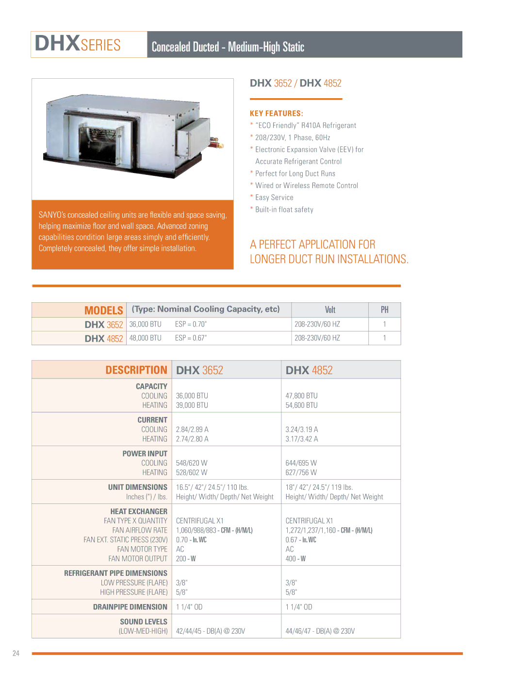 Sanyo ECOi manual DHXseries, Concealed Ducted Medium-High Static, Dhx, DHX 3652 / DHX 