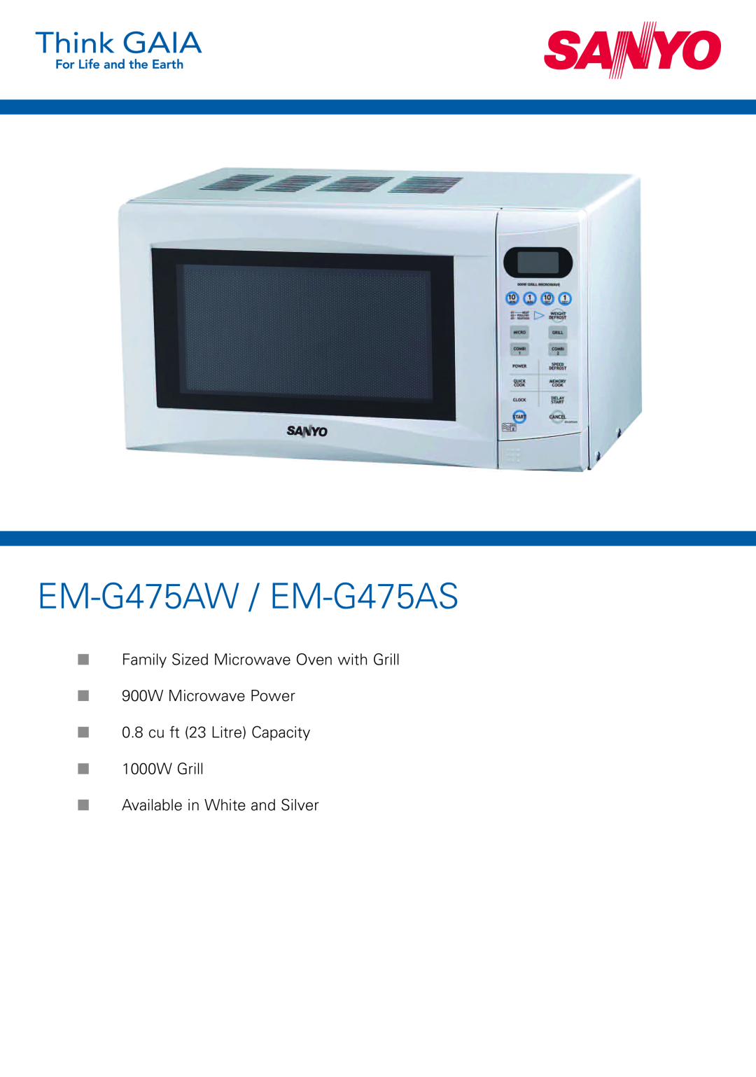 Sanyo manual EM-G475AW / EM-G475AS, Family Sized Microwave Oven with Grill, 1000W Grill Available in White and Silver 