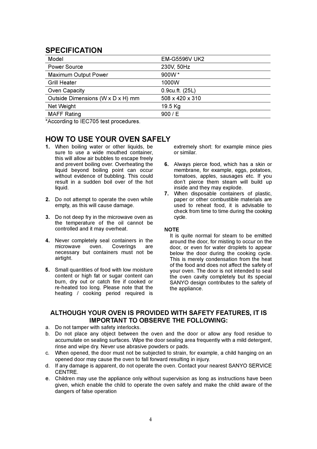 Sanyo EM-G5596V instruction manual Specification, HOW to USE Your Oven Safely 