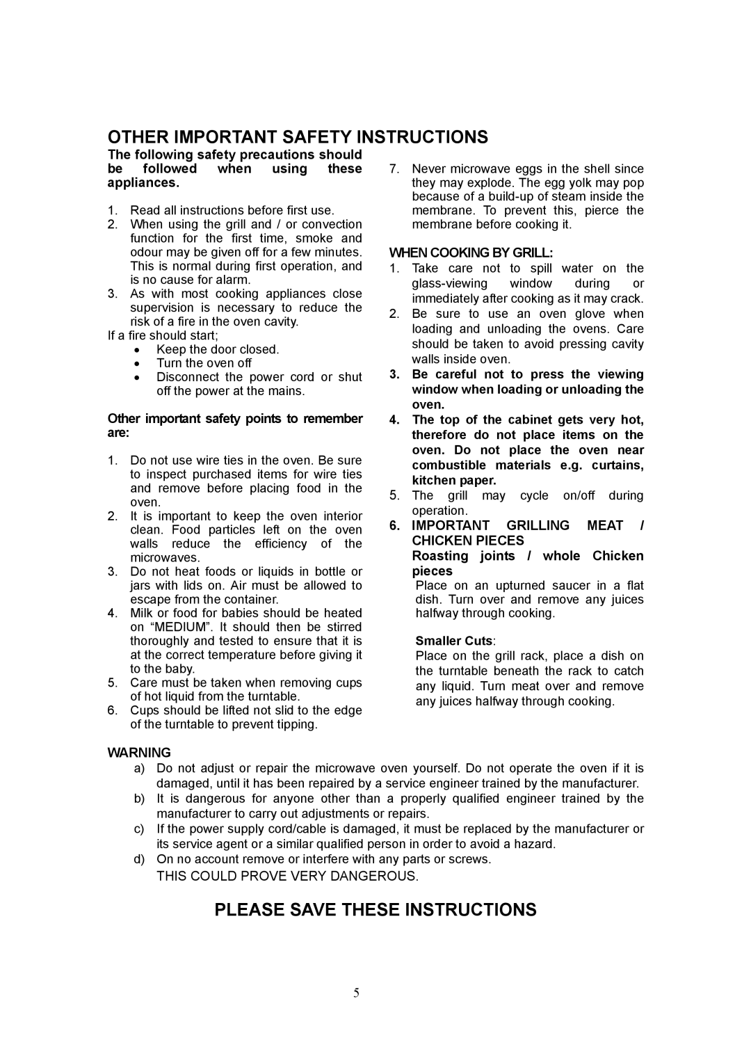 Sanyo EM-G5596V Other Important Safety Instructions, Please Save These Instructions, When Cooking by Grill, Smaller Cuts 