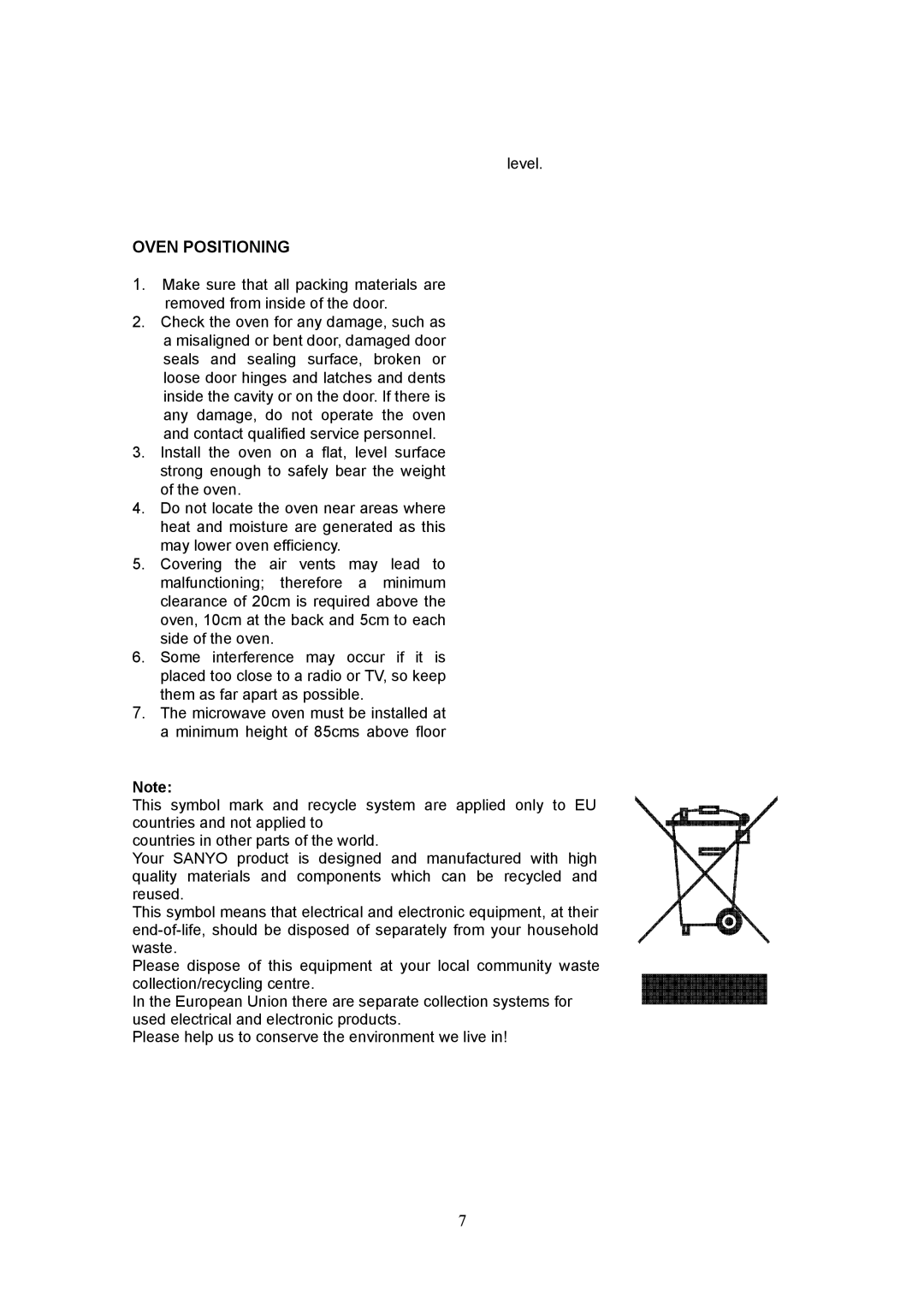 Sanyo EM-G5596V instruction manual Oven Positioning 