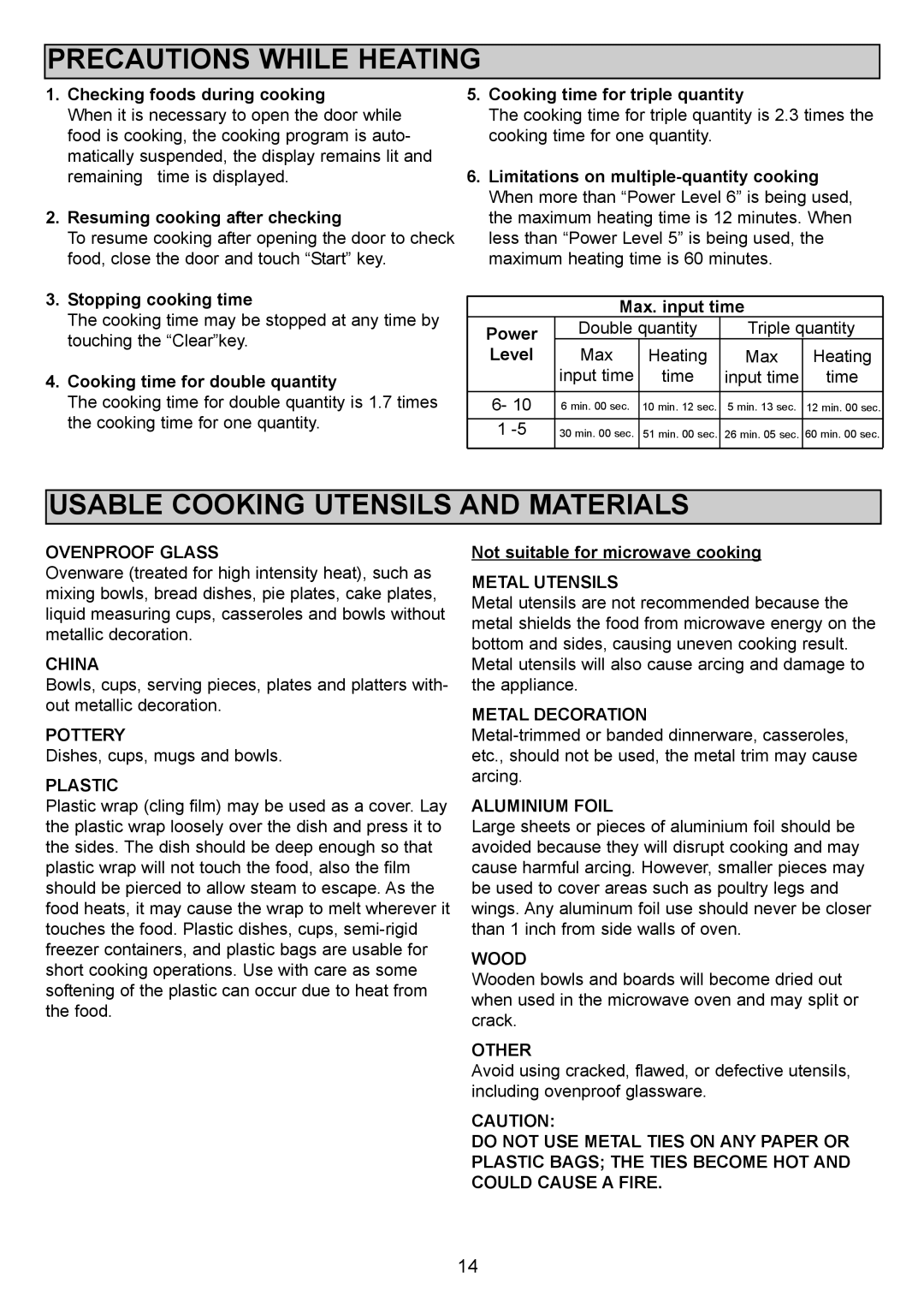 Sanyo EM-S1000 instruction manual Precautions While Heating, Usable Cooking Utensils and Materials 