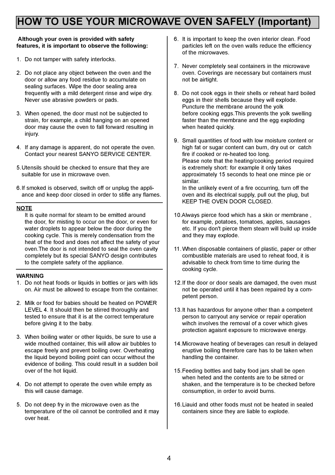 Sanyo EM-S1000 instruction manual HOW to USE Your Microwave Oven Safely Important 