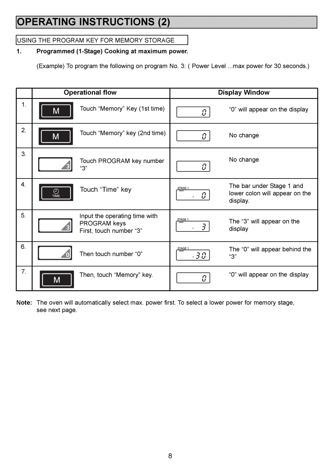 Sanyo EM-S1000 instruction manual Touch Time key, Programmed 1-Stage Cooking at maximum power 