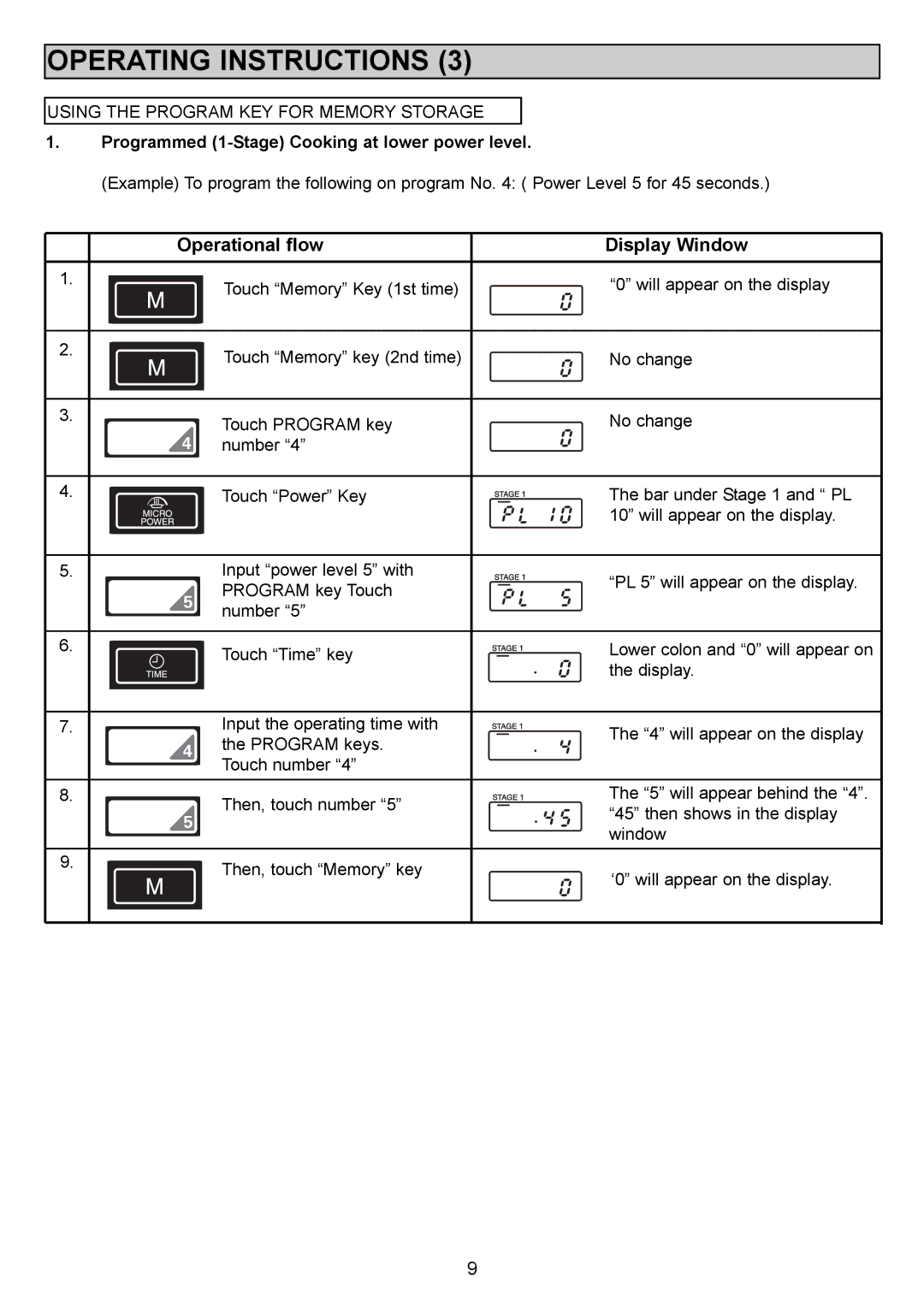 Sanyo EM-S1000 instruction manual Programmed 1-Stage Cooking at lower power level 