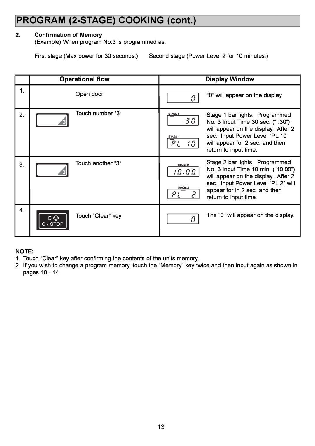 Sanyo EM-S1000 instruction manual PROGRAM 2-STAGE COOKING cont, Confirmation of Memory 