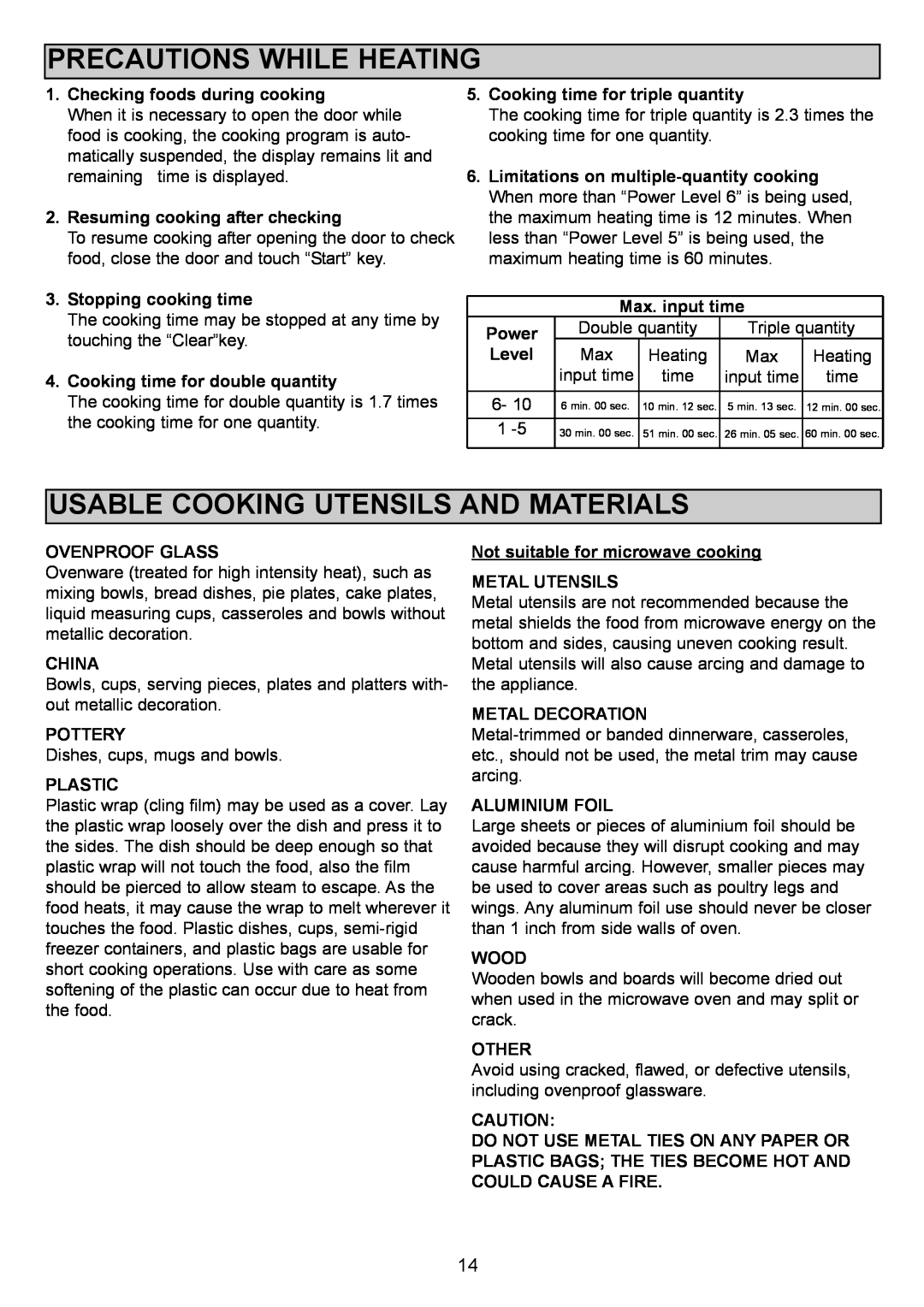 Sanyo EM-S1000 instruction manual Precautions While Heating, Usable Cooking Utensils And Materials 